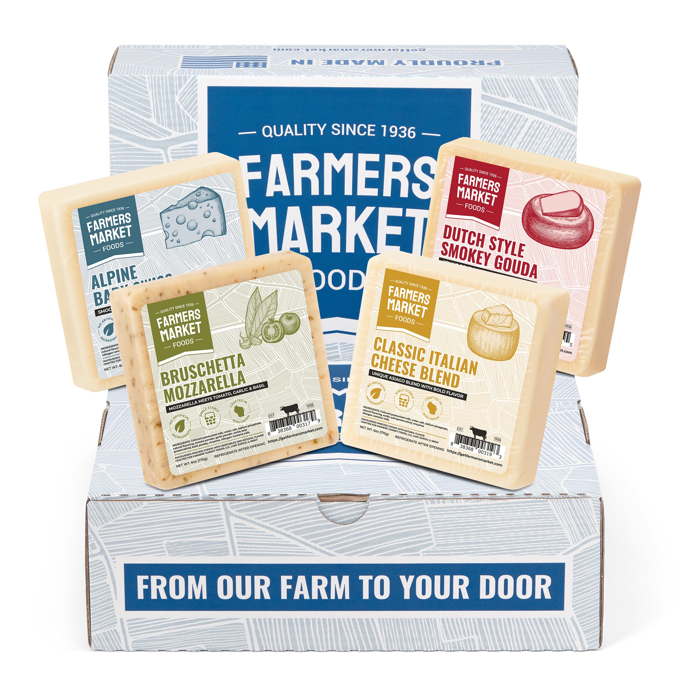 Farmers Market Wisconsin Cheese Gift Set, Gourmet Cheese 4 Pack, Gluten Free, Keto Friendly, Zero Sugar, Assortment with Gouda, Swiss, Mozzarella & Italian Blend, 6 oz