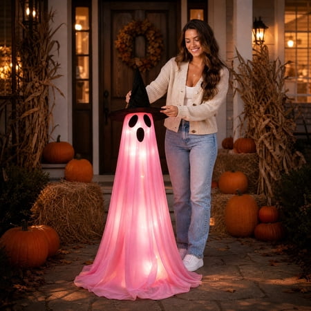 CaiTeLin Halloween Decorations Outdoor Clearance with Ghost Witch Hat, Light up Spooky Standing Ghost Decor with LED Lights, Ghost Witch Hat Stand Decor with Lights for Front Porch Yard Garden