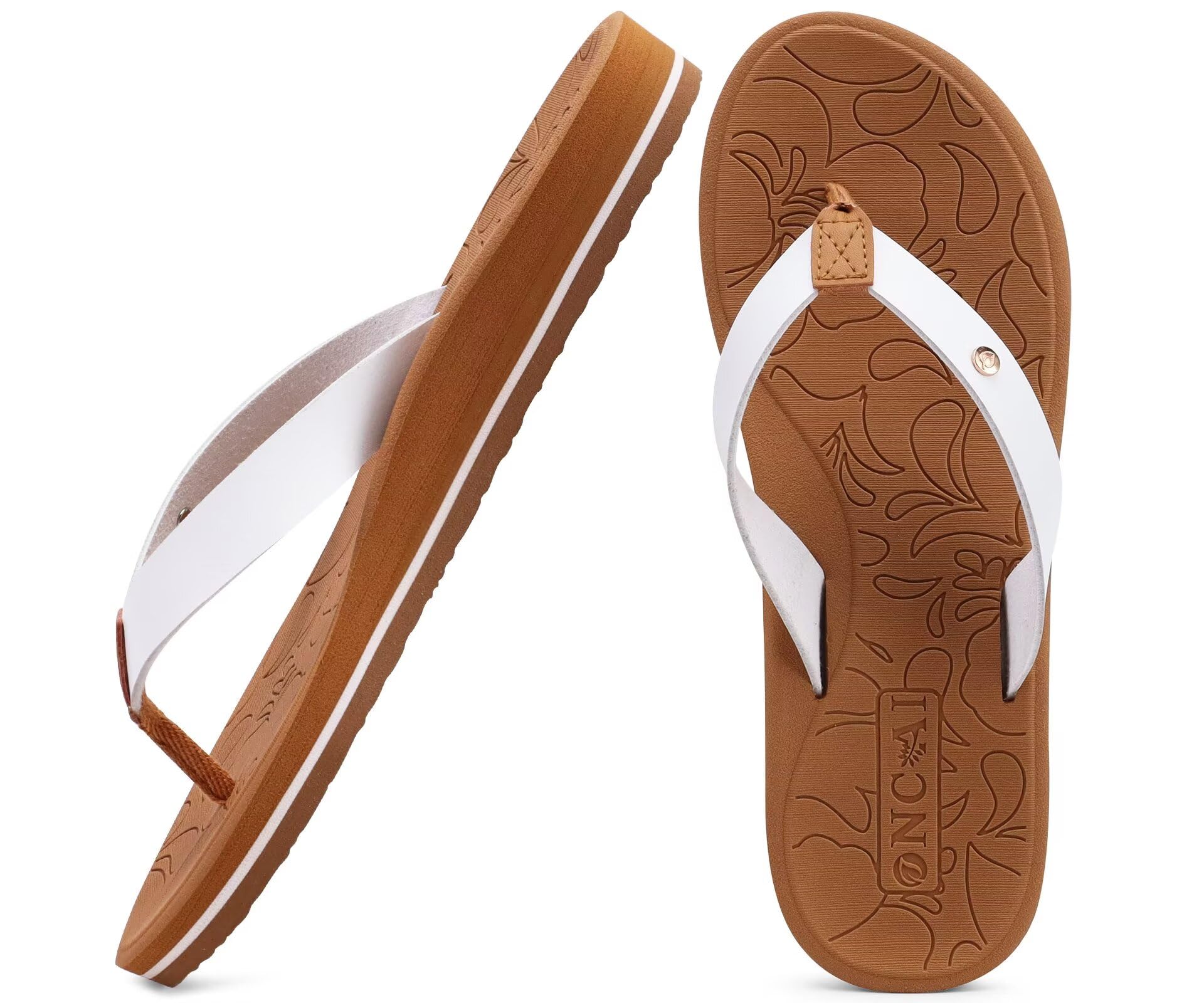 ONCAI Womens Flip Flops for Women Arch Support Yoga Mat Summer Beach Leather Woman Dressy Thong Sandal for Women 2026 with Plantar Fasciitis Walking Ladies Thong Sandal Outdoor White/Khaki Size 8