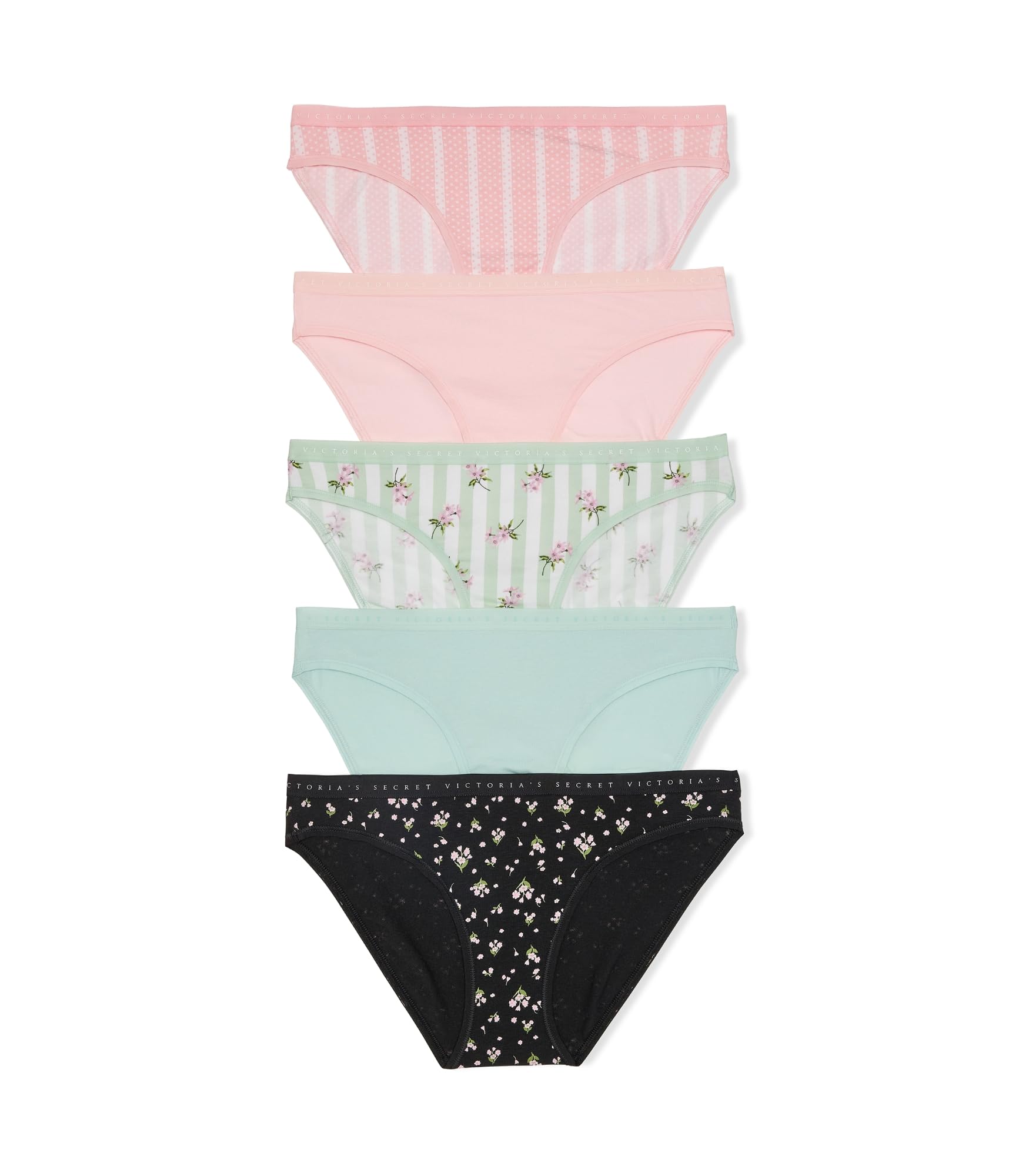 Victoria's Secret Women's Cotton Bikini Underwear, Panties for Women, Pack of 5, Florals & Stripes, L
