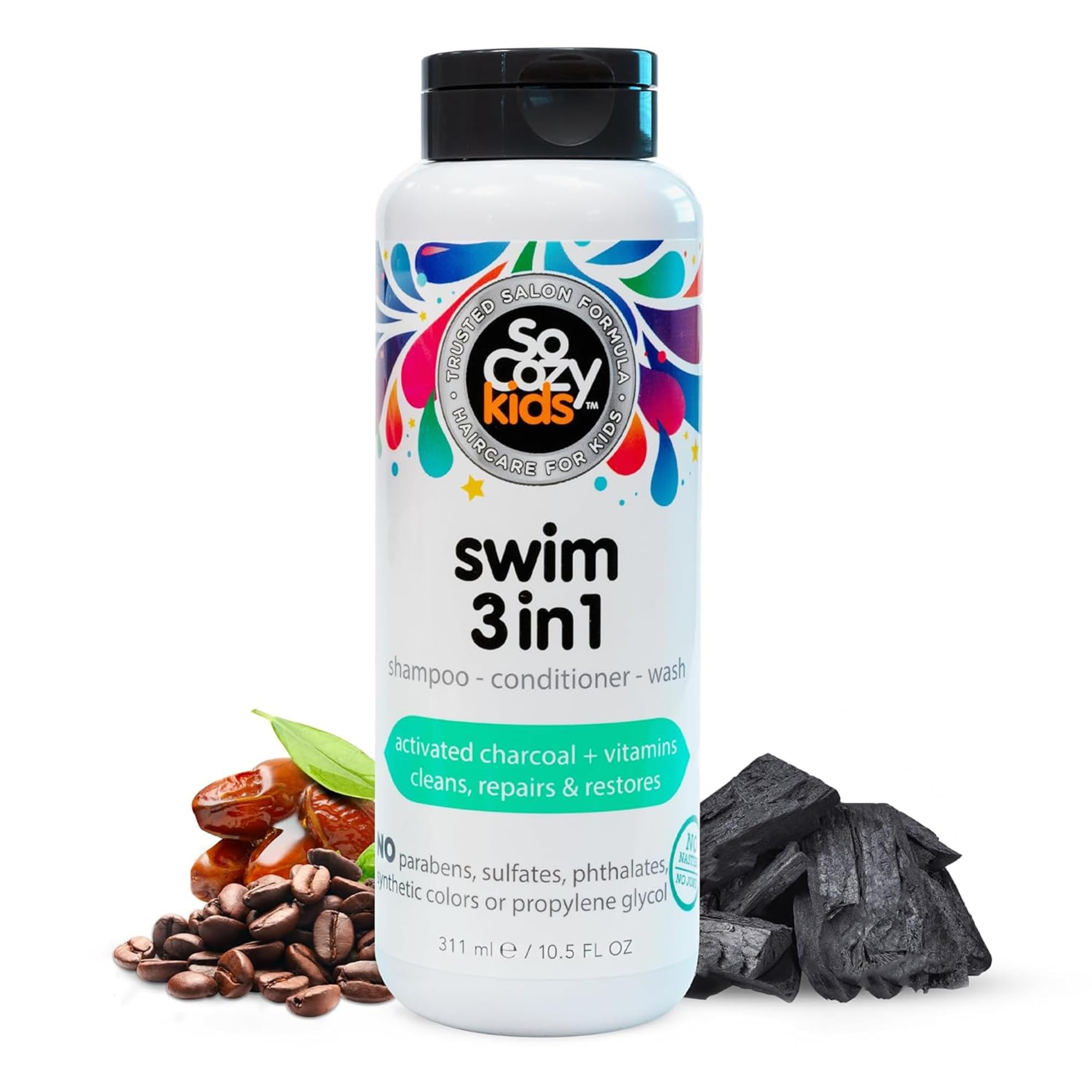 SoCozy Kids Swim 3-in-1 Shampoo, Conditioner & Body Wash - 3-in-1 Combo Pool Shampoo & Conditioner for Swimmers - Salt & Chlorine Removing Activated Charcoal - Image 1