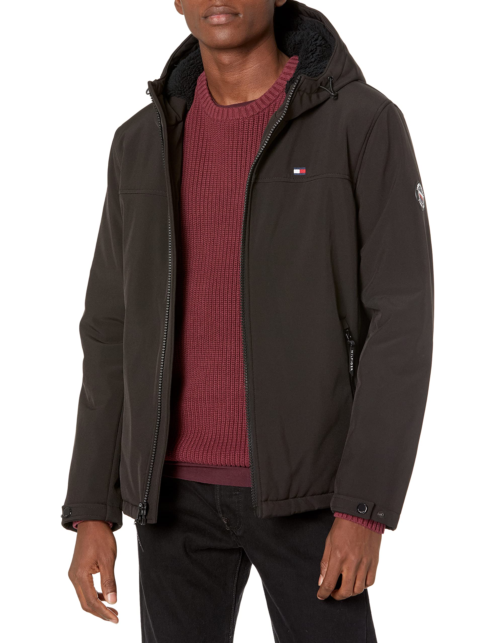 Tommy Hilfiger Men's Filled Soft Shell Hooded Open Bottom Jacket with Full Sherpa Lining, New Black, Small - Image 4