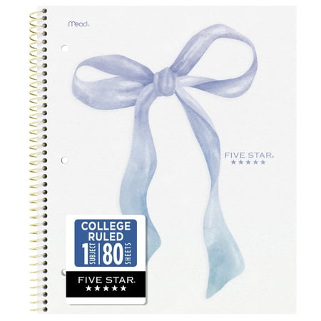 Five Star College Ruled 1 Subject Notebook with Study App, 8.5" x 11", Blue Bow Design, Poly Cover, Spiral Bound, 80 Sheets