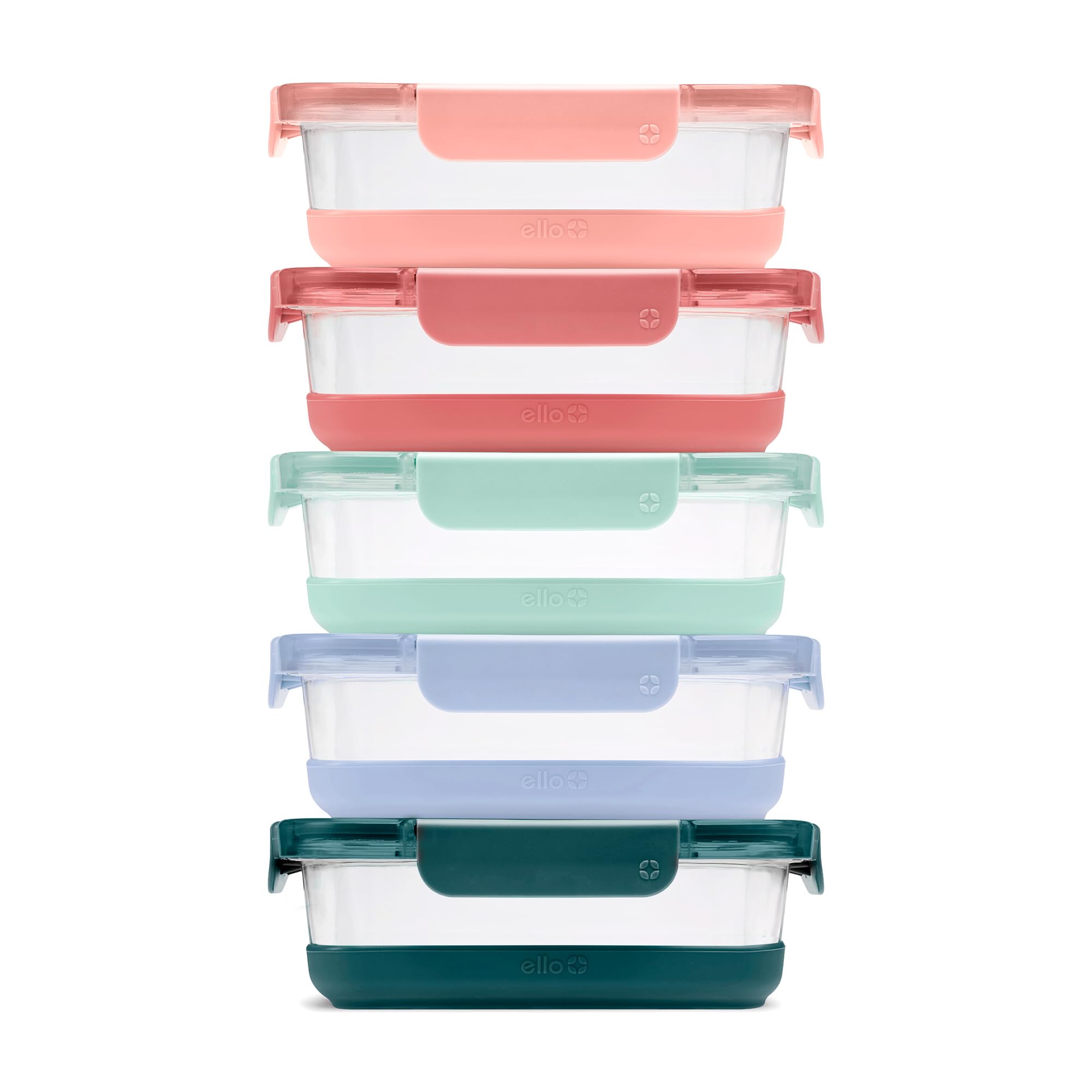 Ello Duraglass Refresh 3.4 Cup Meal Prep Sets 10Pc, 5 Pack Set- Glass Food Storage Container with Silicone Boot and Airtight BPA-Free Plastic Lids, Dishwasher, Microwave and Freezer Safe, Melon - Image 1