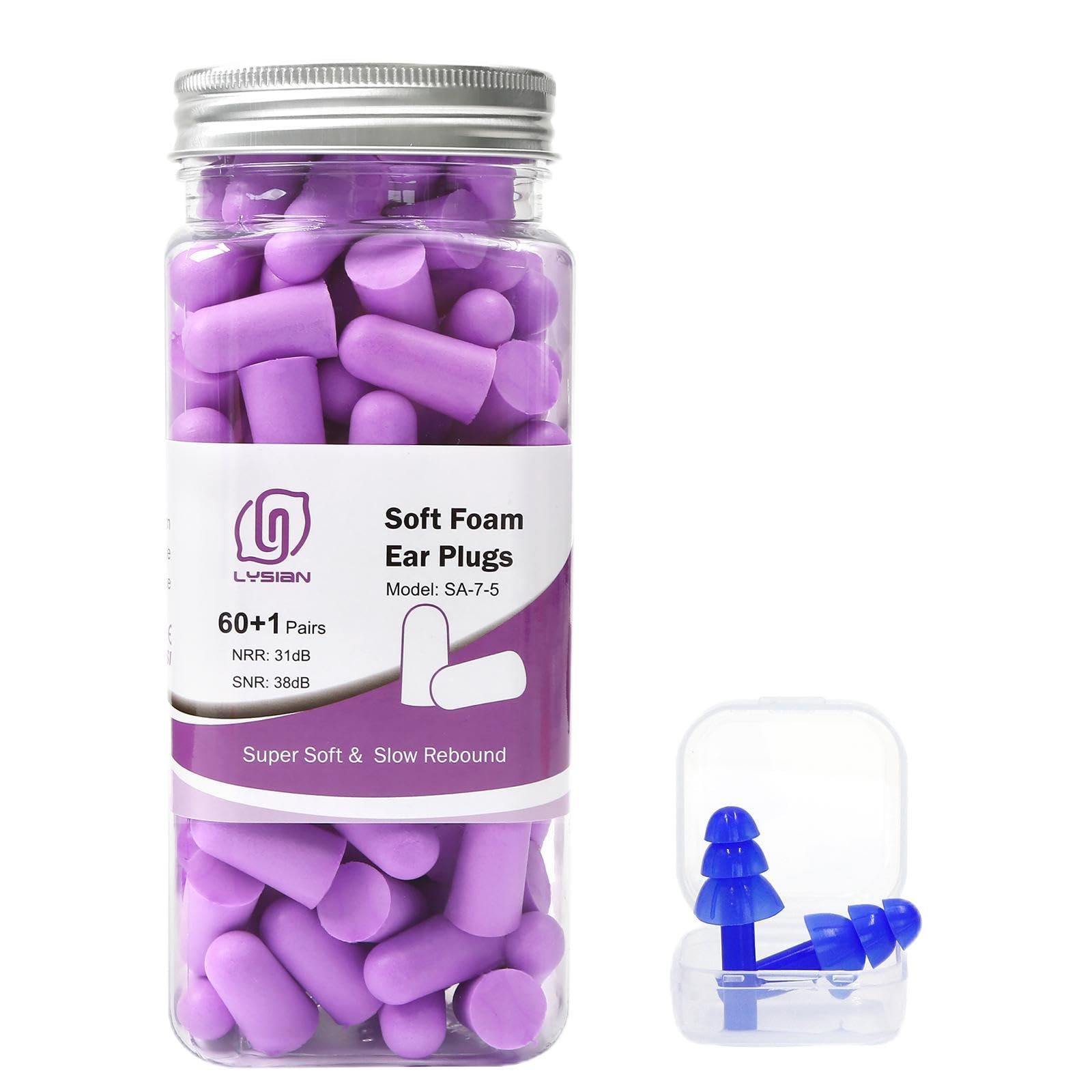 LYSIAN Ultra Soft Foam Earplugs for Sleeping, 38dB SNR Noise Reduction Ear Plugs for Snoring, Shooting, Study, Work and Travel, 60 Pairs, Purple