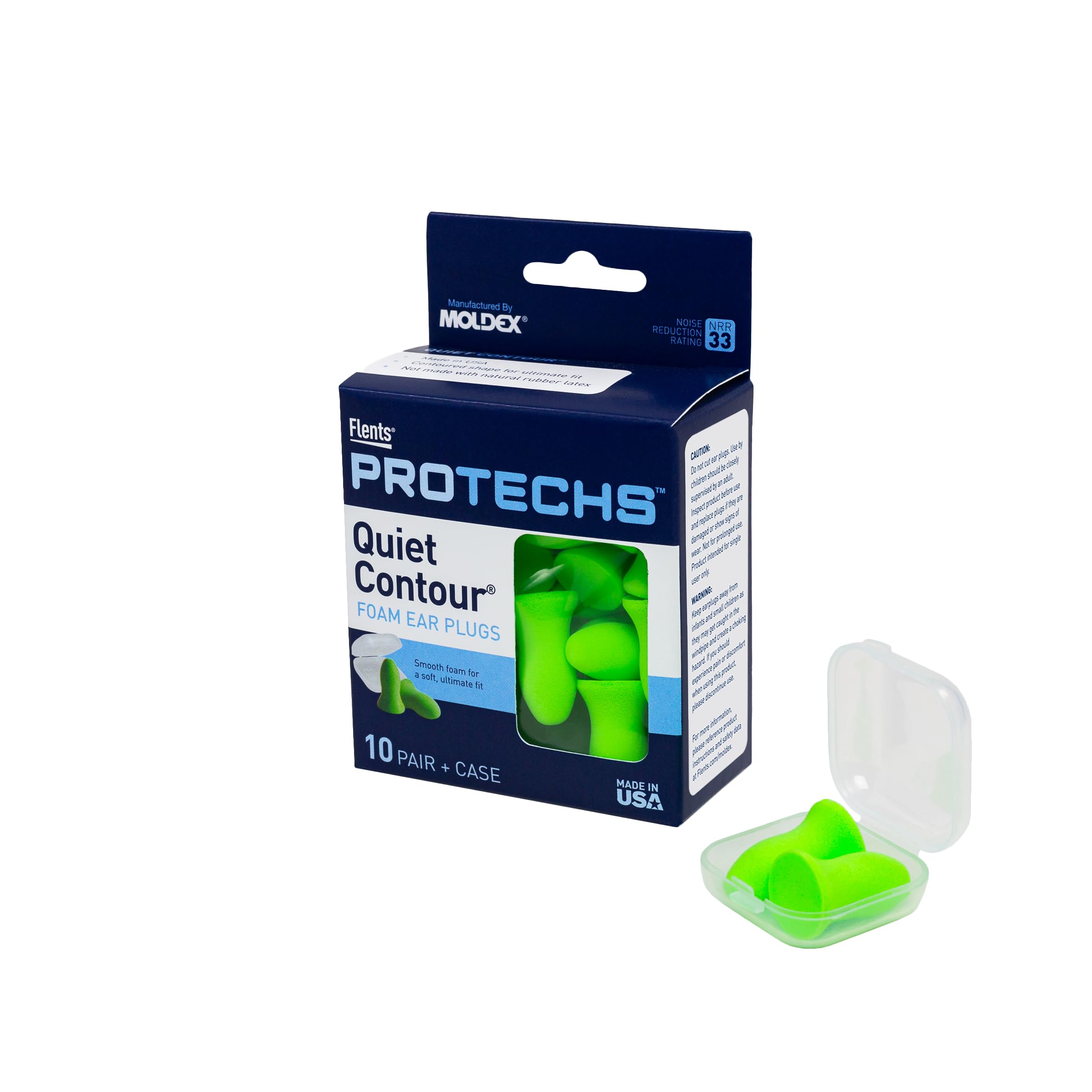 Flents Protechs Foam Ear Plugs, 10 Pair with case Sleeping, Snoring, Loud Noise, Traveling, Concerts, Construction, Studying, Work, Shooting, NRR 33, Noise Cancelling, Green, Made in the USA - Image 1