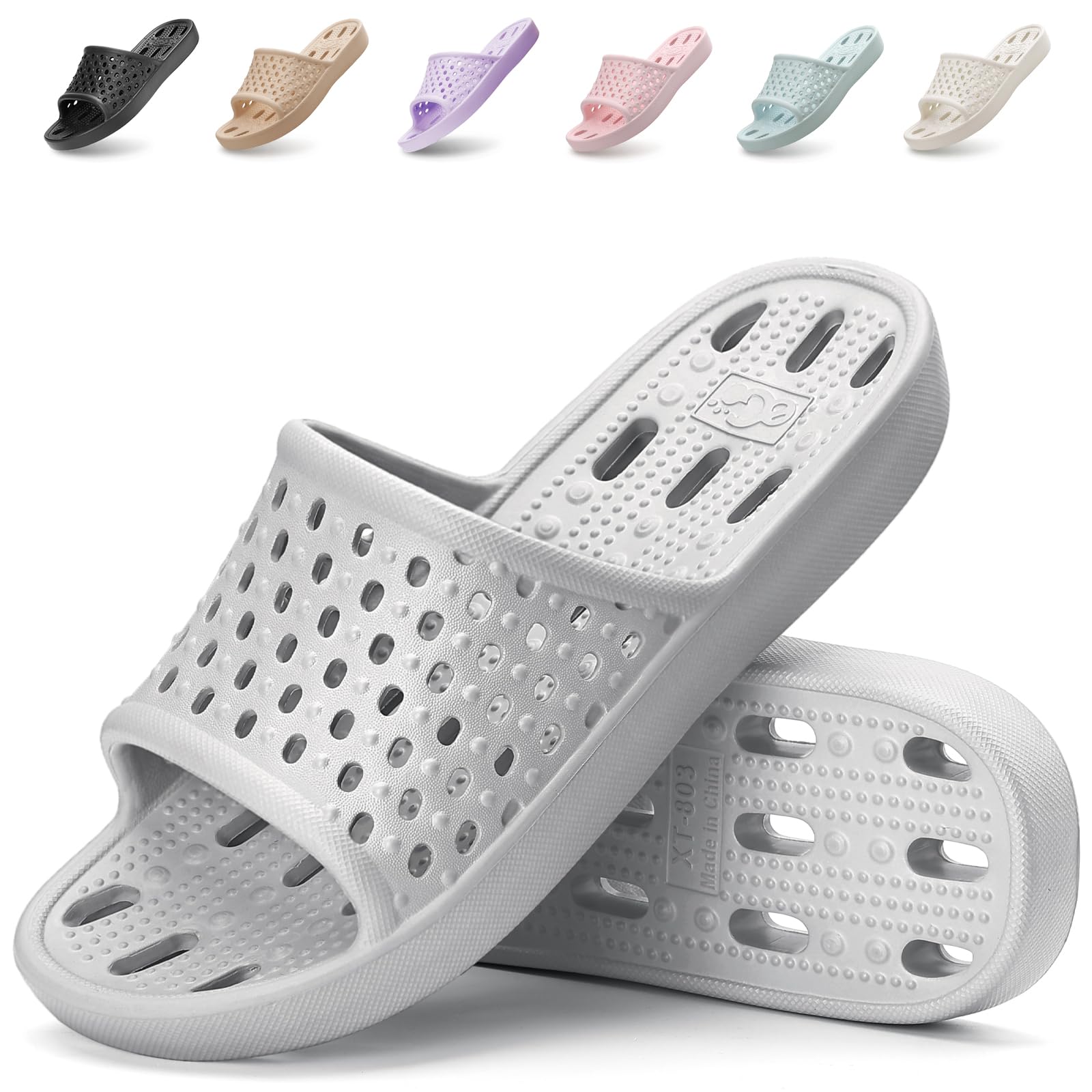 Xomiboe Shower Shoes for Men Women, Non Slip Quick Dry Shower Sandals with Drain Holes, Lightweight EVA Shower Slippers for Gym, College Dorm, Pool, Locker Room Grey EU44-45