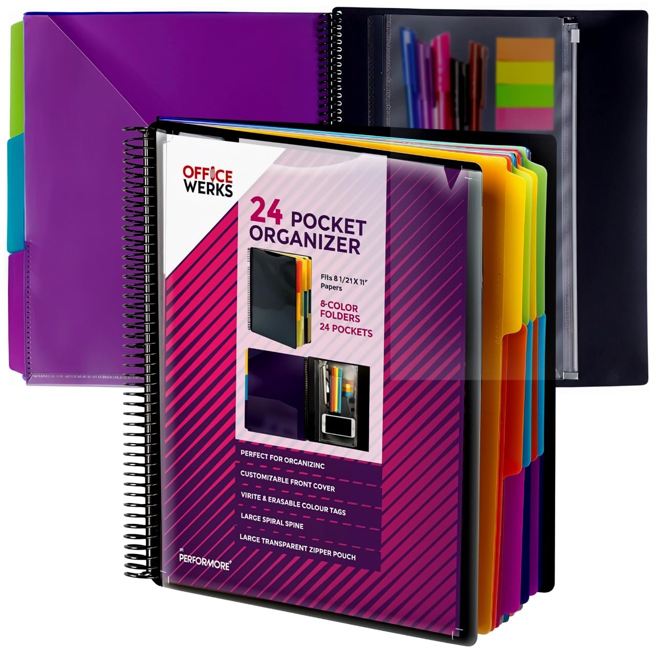 Performore 24 Pocket Spiral Project Organizer with 12 Dividers, Fits 8.5" X 11" Letter Size Papers Folder with Dividers, Front and Back Customizable Covers, Erasable Write On Tabs for Documents Files - Image 1