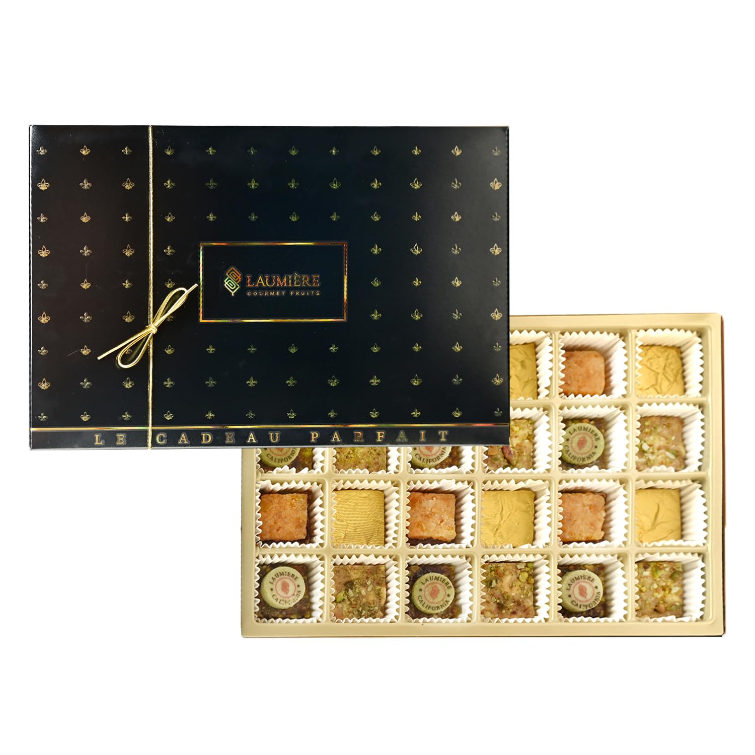 Laumière Gourmet Fruits - Le Cadeau Parfait Collection - Grande Gourmet Gift Box (24 Treats) - Hannoukah - Kosher- Vegan Healthy Dried Fruits & Nuts Gift Basket - No Added Cane Sugar - Sweets