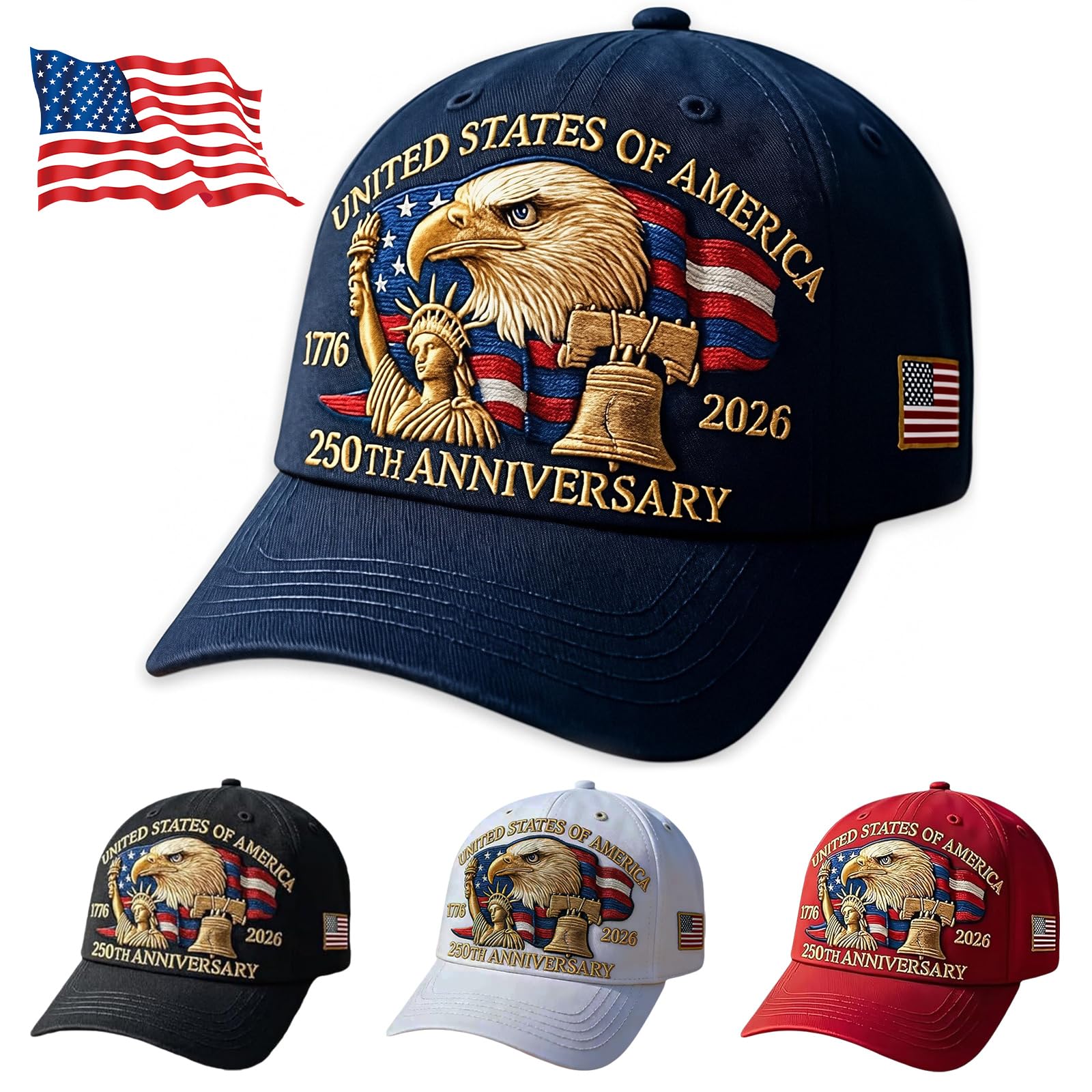 250th Anniversary USA Hat - Adjustable United States 250th Anniversary Hat Retro Embroidered Baseball Cap, Patriotic Design for United States 250 Year Celebration (Color-A) - Image 1