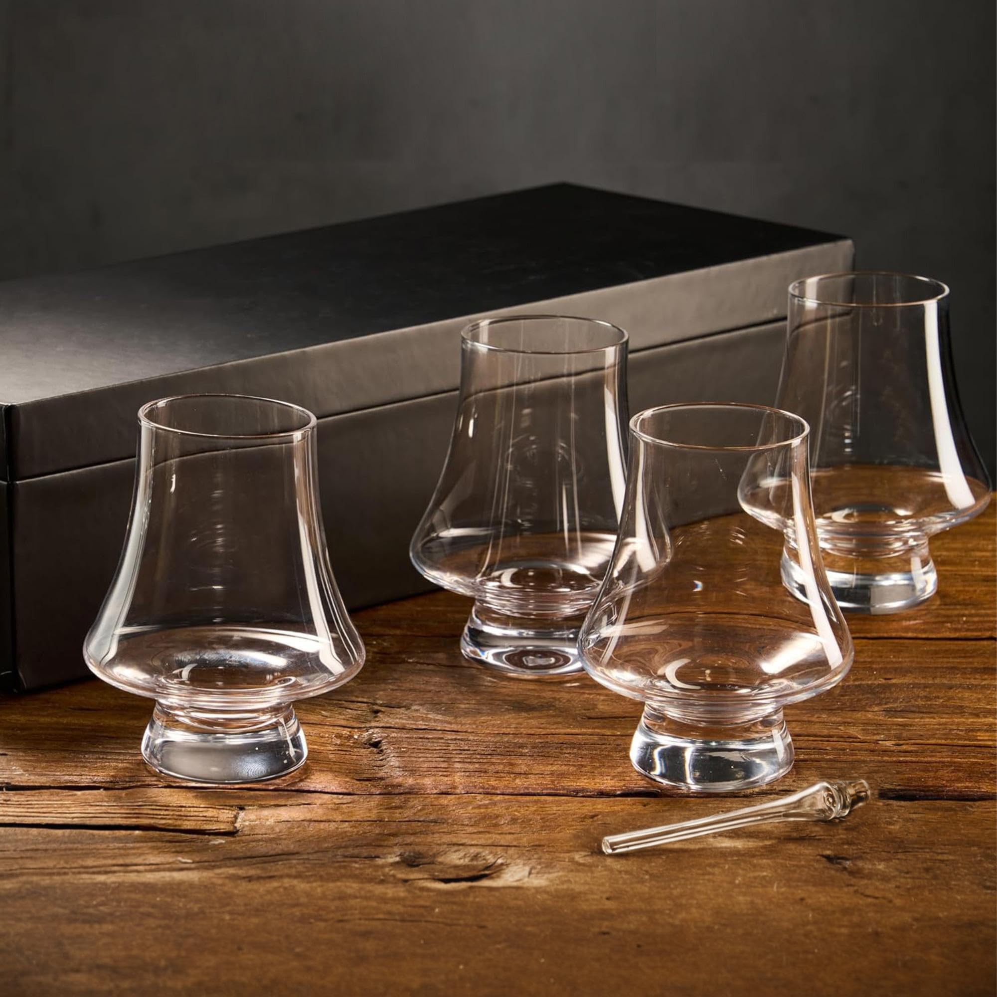 Lily's Home 9 oz丨260 ml. Set of 4 Bourbon Whisky Glasses. Made of Clear Crystal Glass.with Glass Water Dropper. Narrow Rim, Perfect for Scotch Whiskey