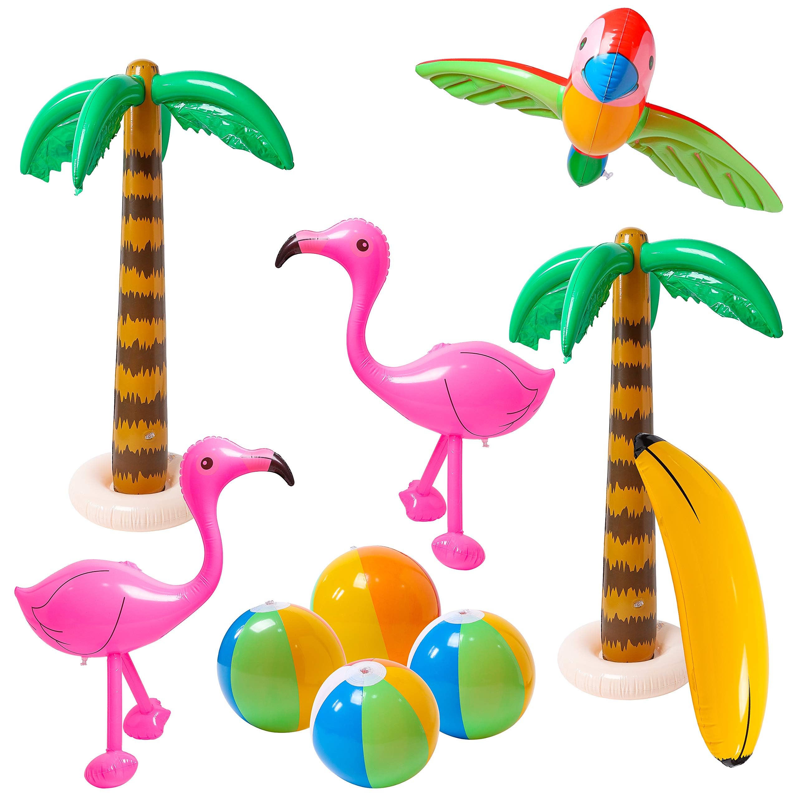 R HORSE 10 Pcs Inflatable Palm Tree Flamingo Banana Beach Ball Parrot Beach Pool Toys for Tropical Hawaiian Luau Party Summer Pool Party Decorations - Image 1