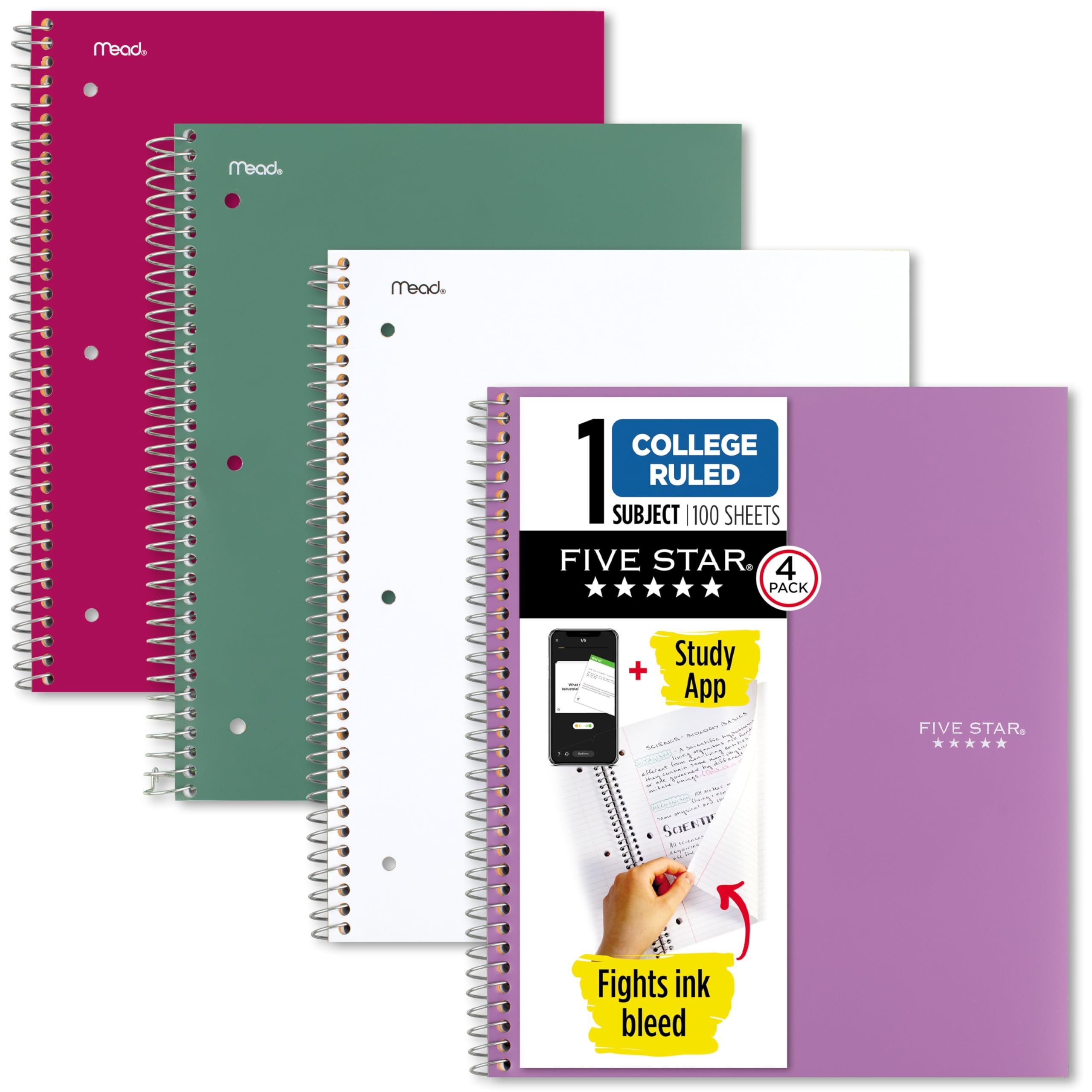Five Star Spiral Notebook + Study App, 100 Sheets, 1 Subject, College Ruled Paper, Fights Ink Bleed, Water Resistant Cover, 820337-ECM, Purple, Pink, White & Green, 8-1/2" x 11", 4 Pack - Image 1