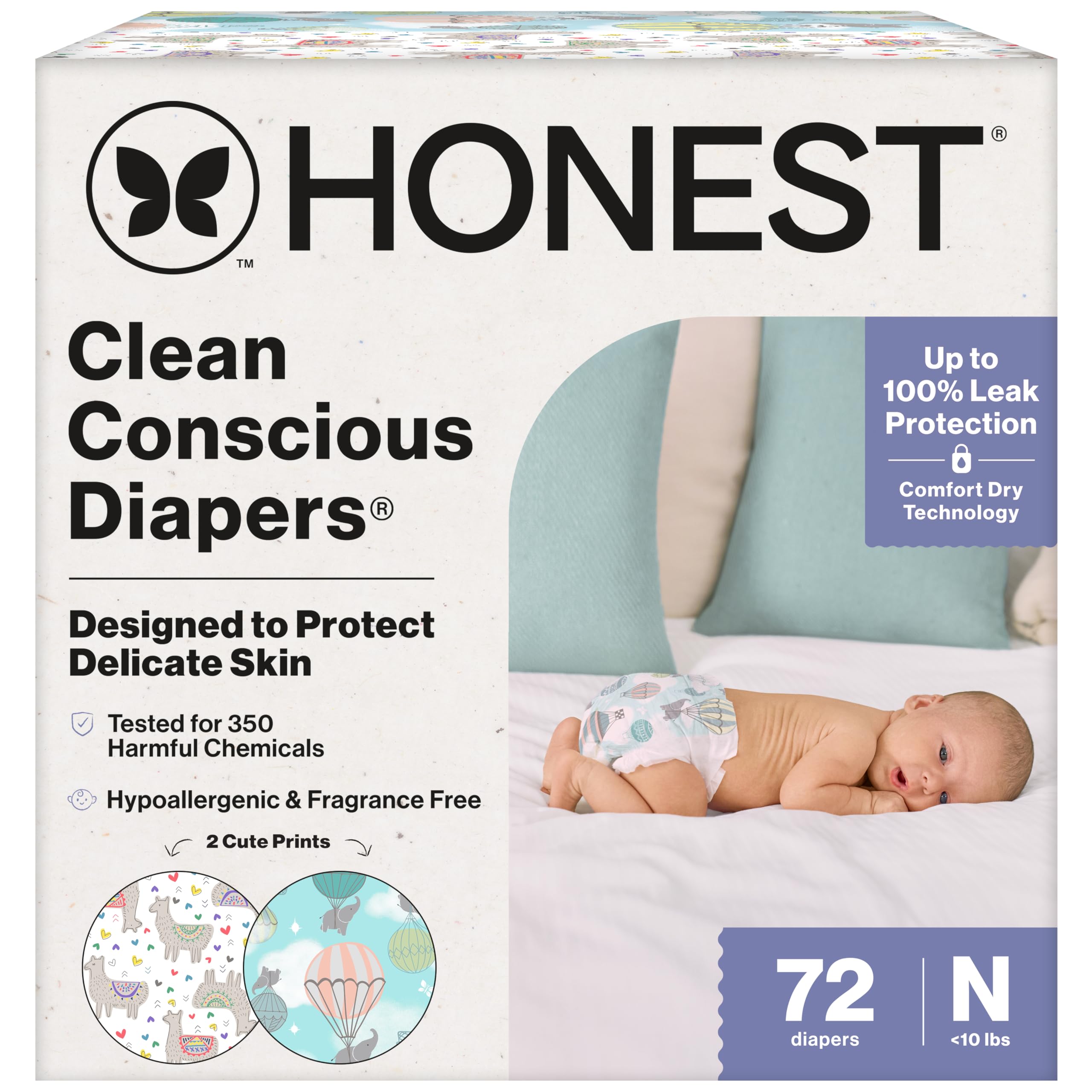 The Honest Company Comfort Dry Disposable Daytime Diapers for Sensitive Skin, Hypoallergenic, Above It All + All the Alpacas, Club Box Size Newborn 72 Count - Image 1
