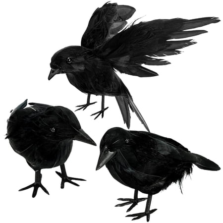 Halloween Black Crow Figurine, Realistic Feathered Raven Bird Model Sculpture for Spooky Tabletop Desk Shelf Party Decoration