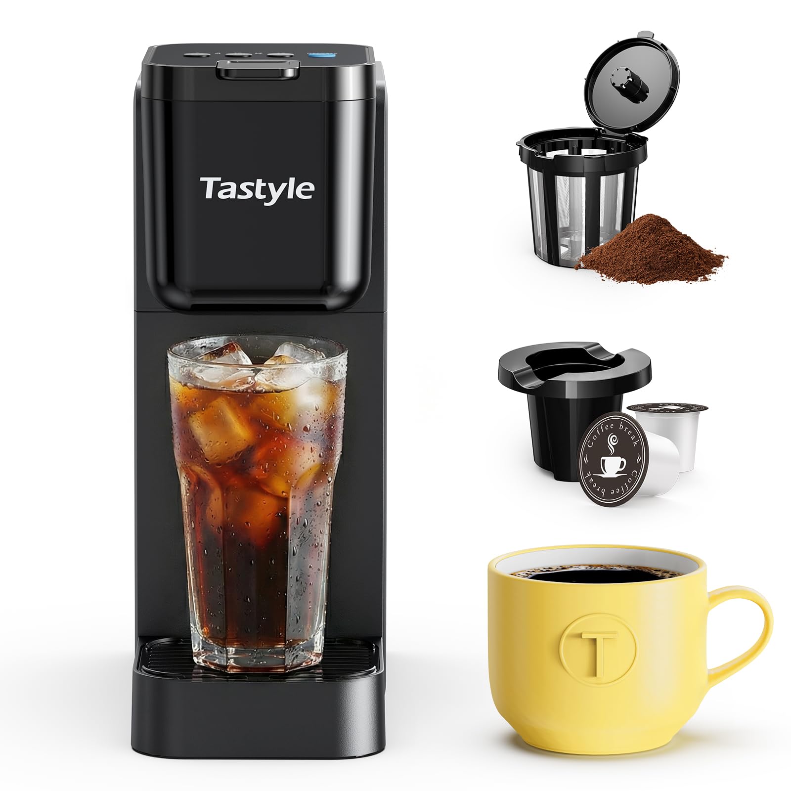 Tastyle Single Serve Coffee Maker for K Cup and Ground Coffee | Brew up to 16 Oz, Fits 7.3'' Travel Mug | Hot, Bold & Over Ice | Compact for Office, RV& Hotel, Classic Black (3.0 Version) - Image 1