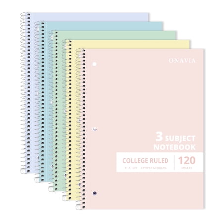 ONAVIA 3 Subject Spiral Notebook, 5 Pack, College Ruled Notebook with 3 Divider Pockets, 8" x 10.5", 3 Hole Punched for Work, 120 Sheets, Assorted Colors
