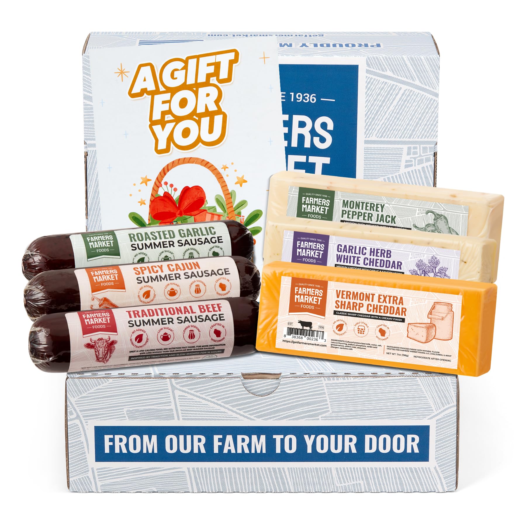 Farmers Market Meat and Cheese Gift Basket – Charcuterie Gift Box with Summer Sausage & Wisconsin Cheese- Shelf Stable, Keto Friendly Gourmet Food Gift for Father’s Day, Holidays & Entertaining