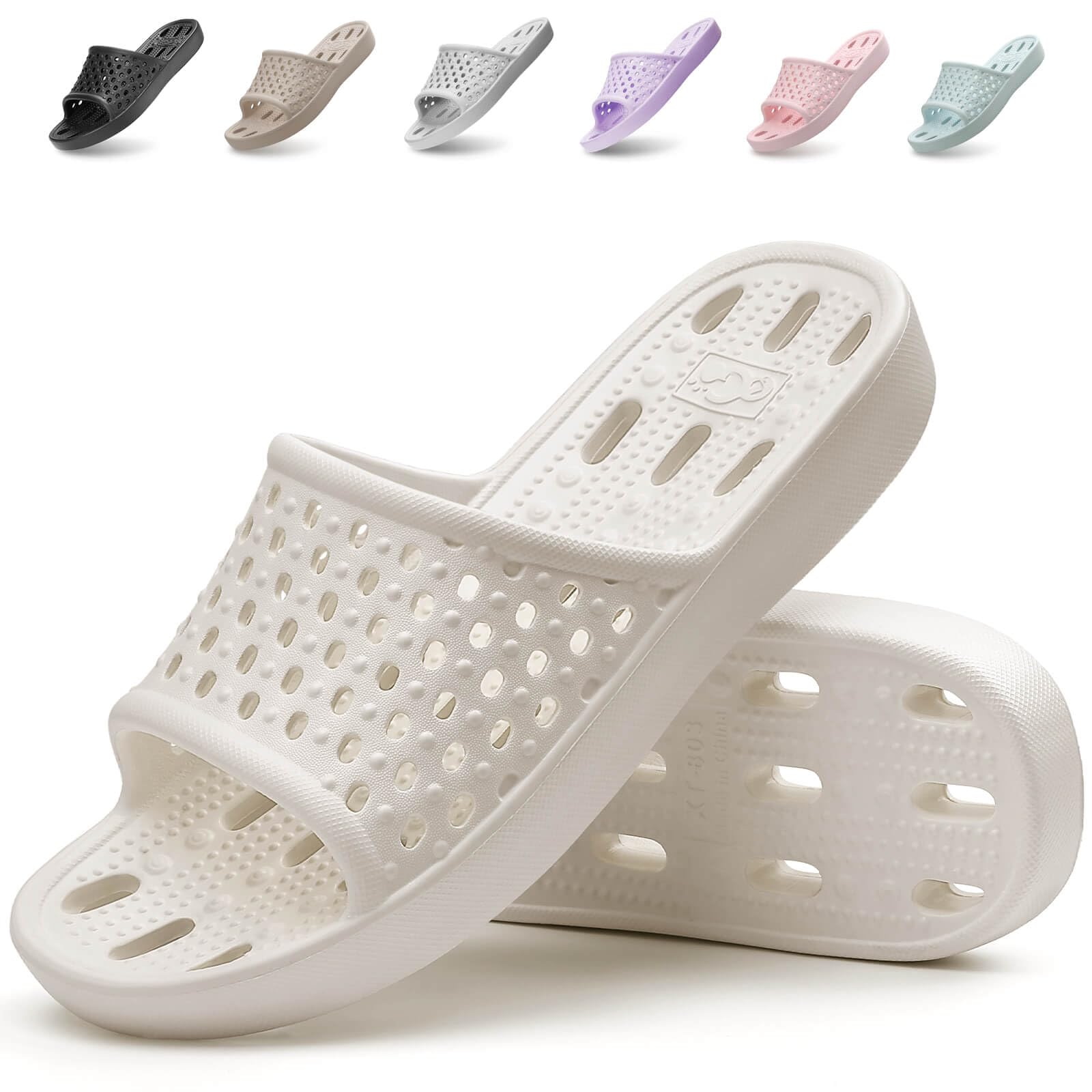 Xomiboe Shower Shoes for Men Women, Non Slip Quick Dry Shower Sandals with Drain Holes, Lightweight EVA Shower Slippers for Gym, College Dorm, Pool, Locker Room White EU39-40