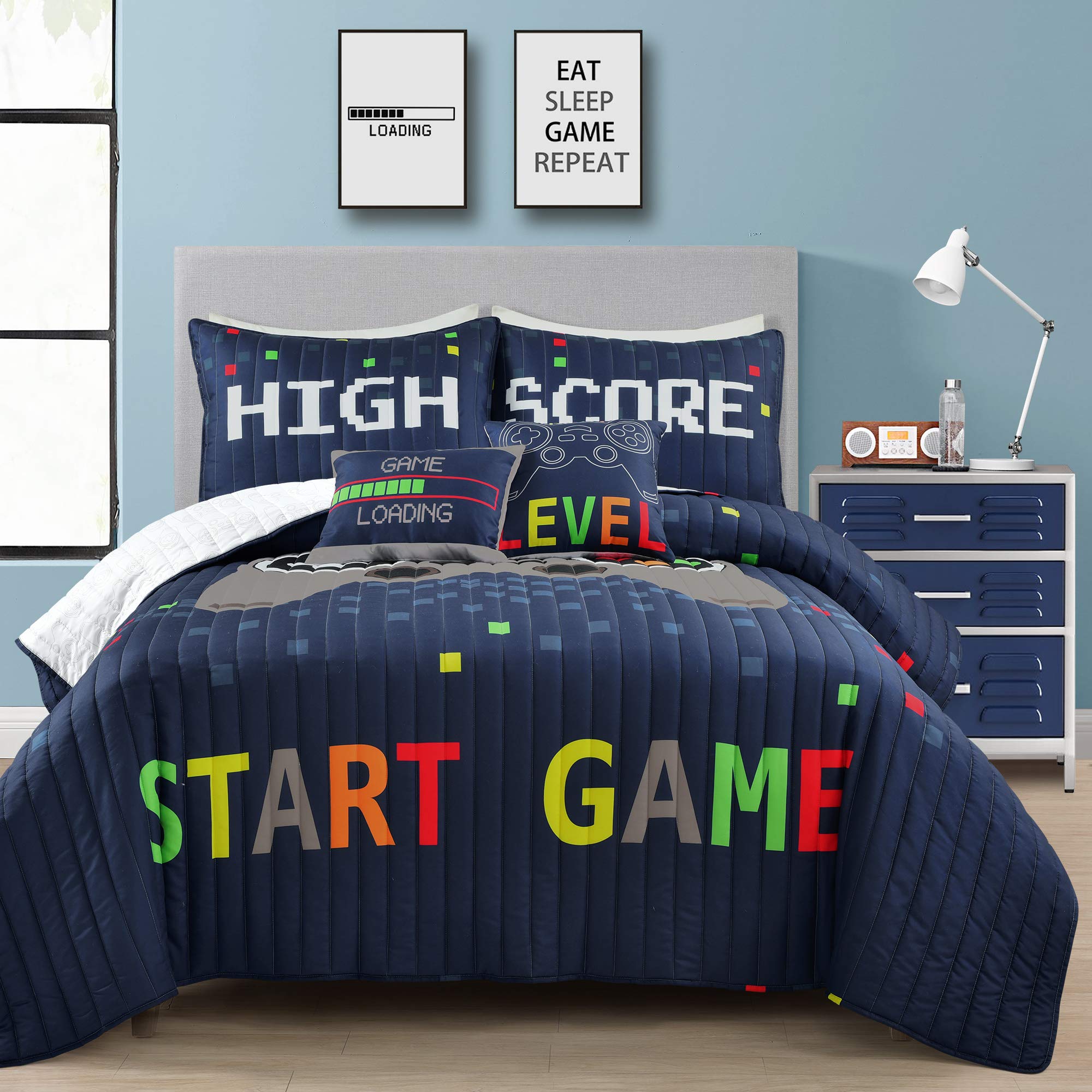 Lush Decor Video Games Reversible Quilt Queen Size 4 Piece Set Full/Queen Navy & Multi - Kids Bedding Set Queen Quilt - Kids Bedroom Decor - Image 6