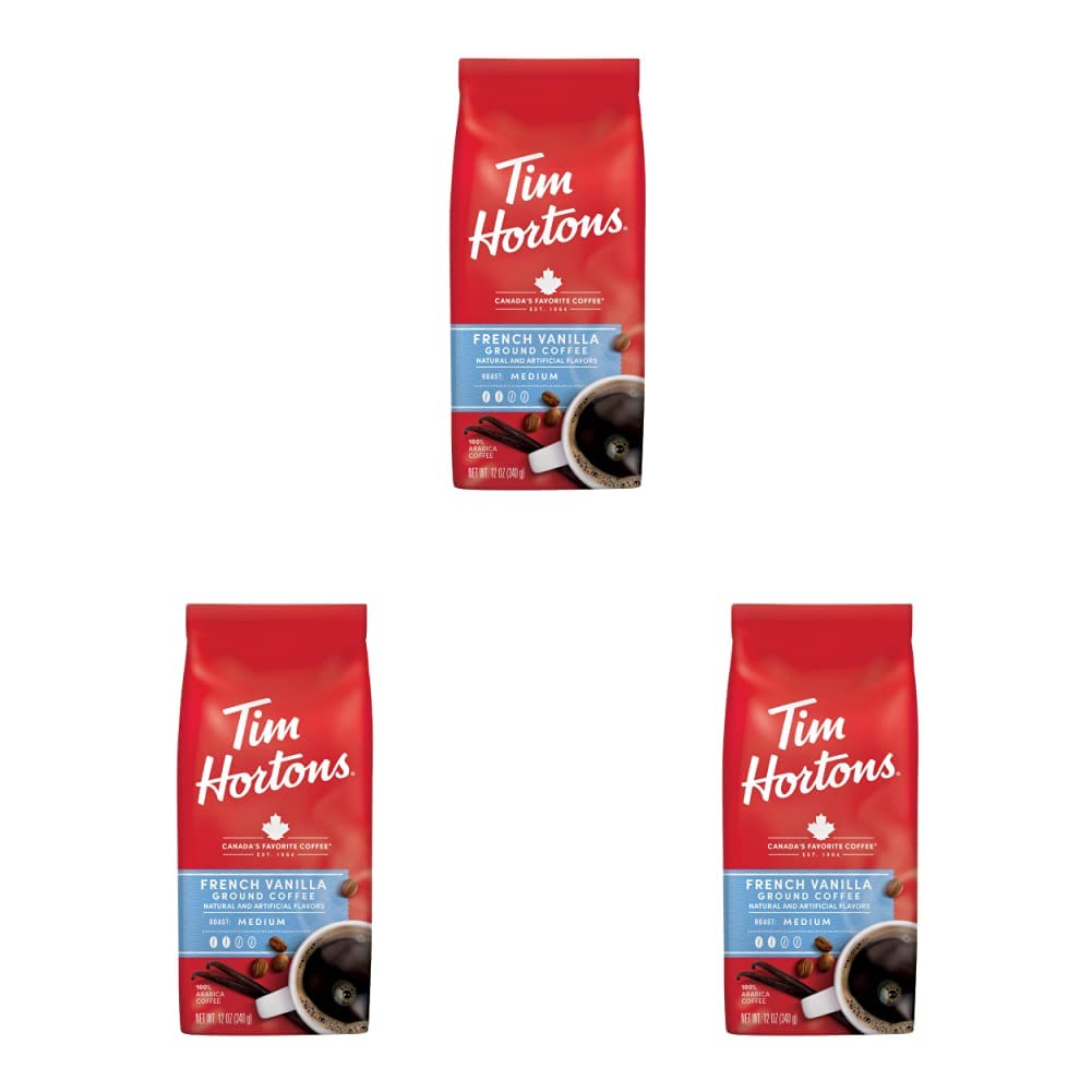Tim Hortons French Vanilla, Flavored Roast Ground Coffee, Perfectly Balanced, Always Smooth, Made with 100% Arabica Beans, 12 Ounce Bag (Pack of 3)