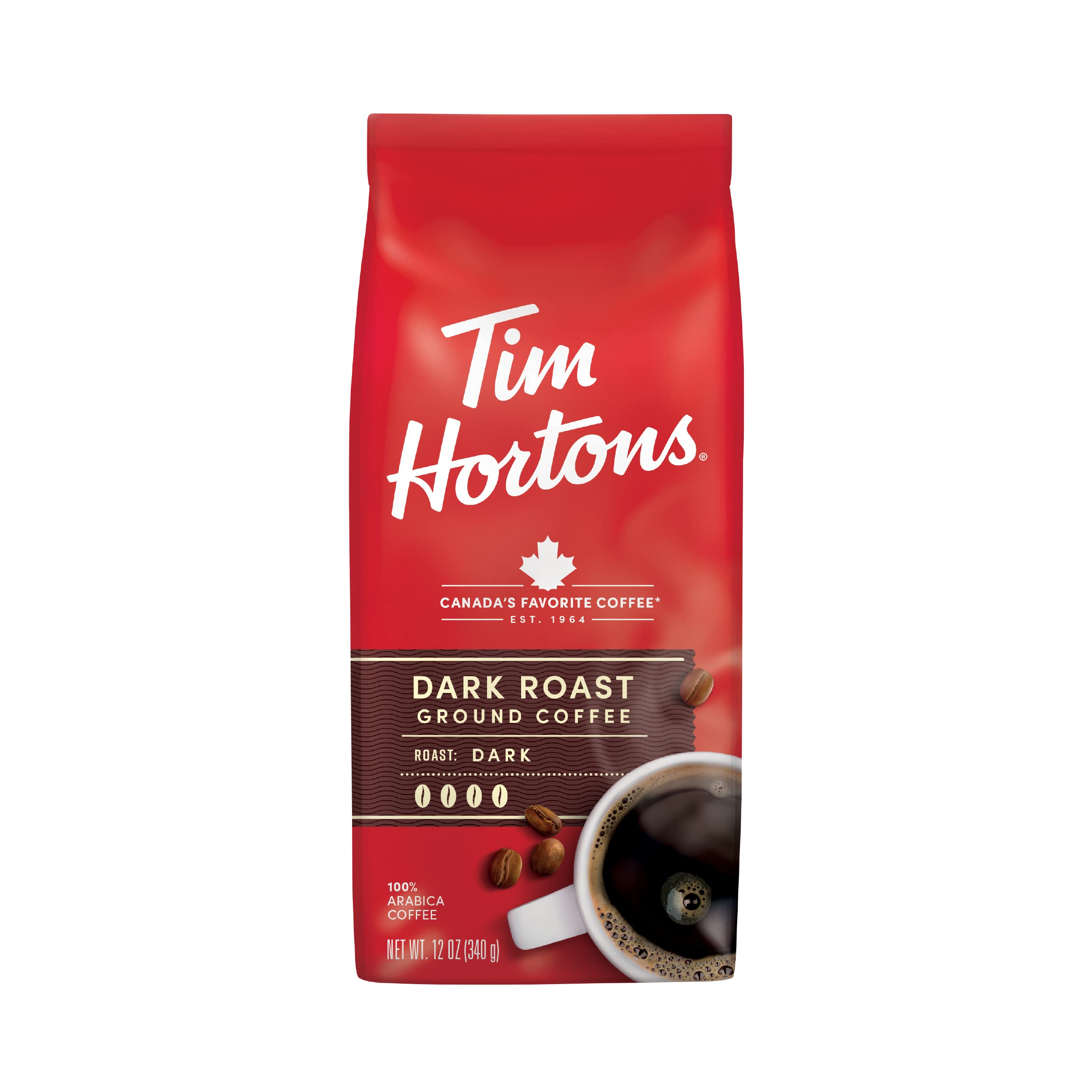 Tim Hortons Dark Roast, Rich Ground Coffee, Perfectly Balanced, Always Smooth, Made with 100% Arabica Beans, 12 Ounce Bag
