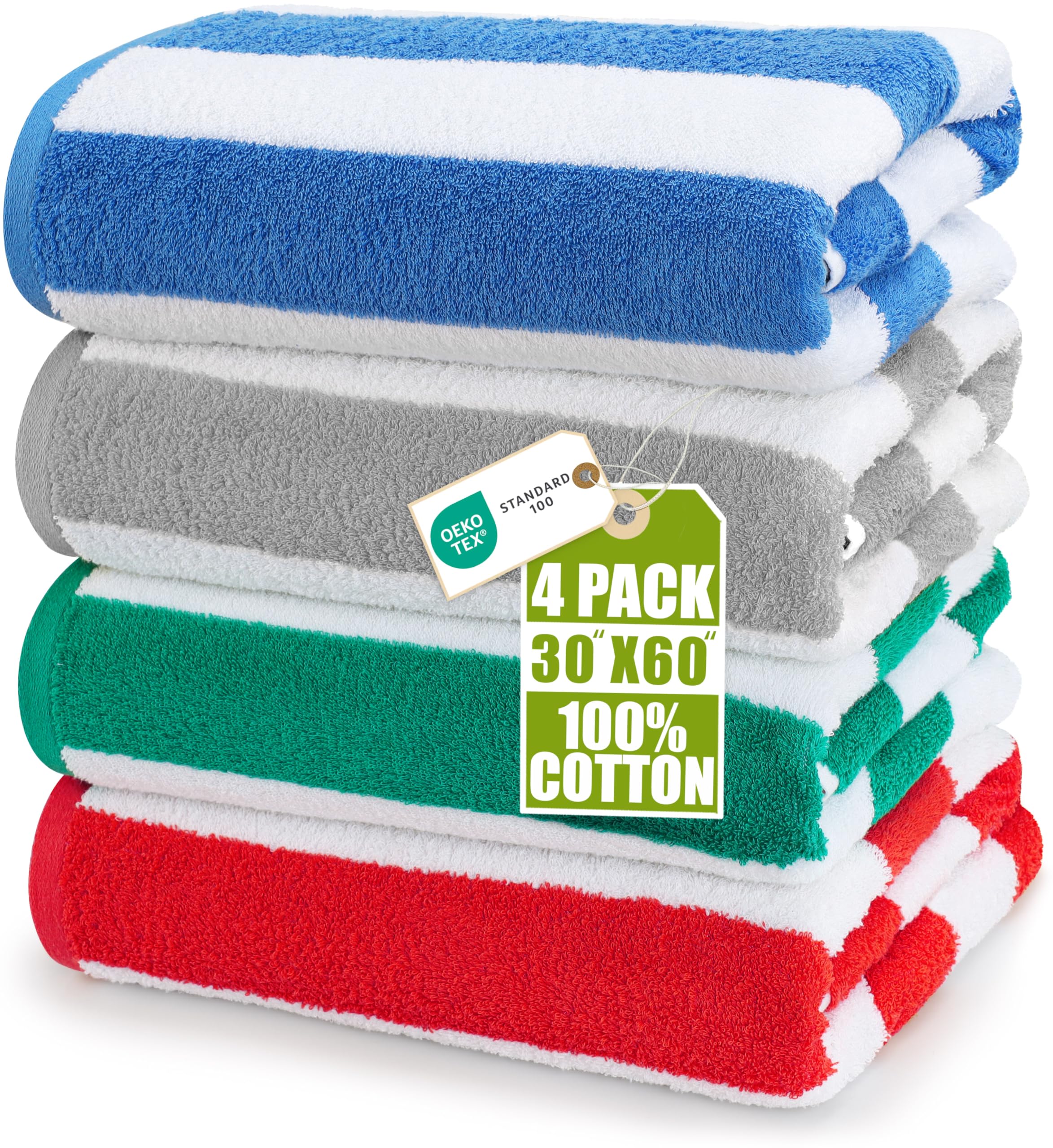 Utopia Towels Pack of 4 Cabana Beach Towels, Oversized 30 x 60 Inches Cotton Beach Towel Set, Smooth Ring Spun Texture for Pool and Swim Days, Modern Striped Design Bath Towels - Image 1
