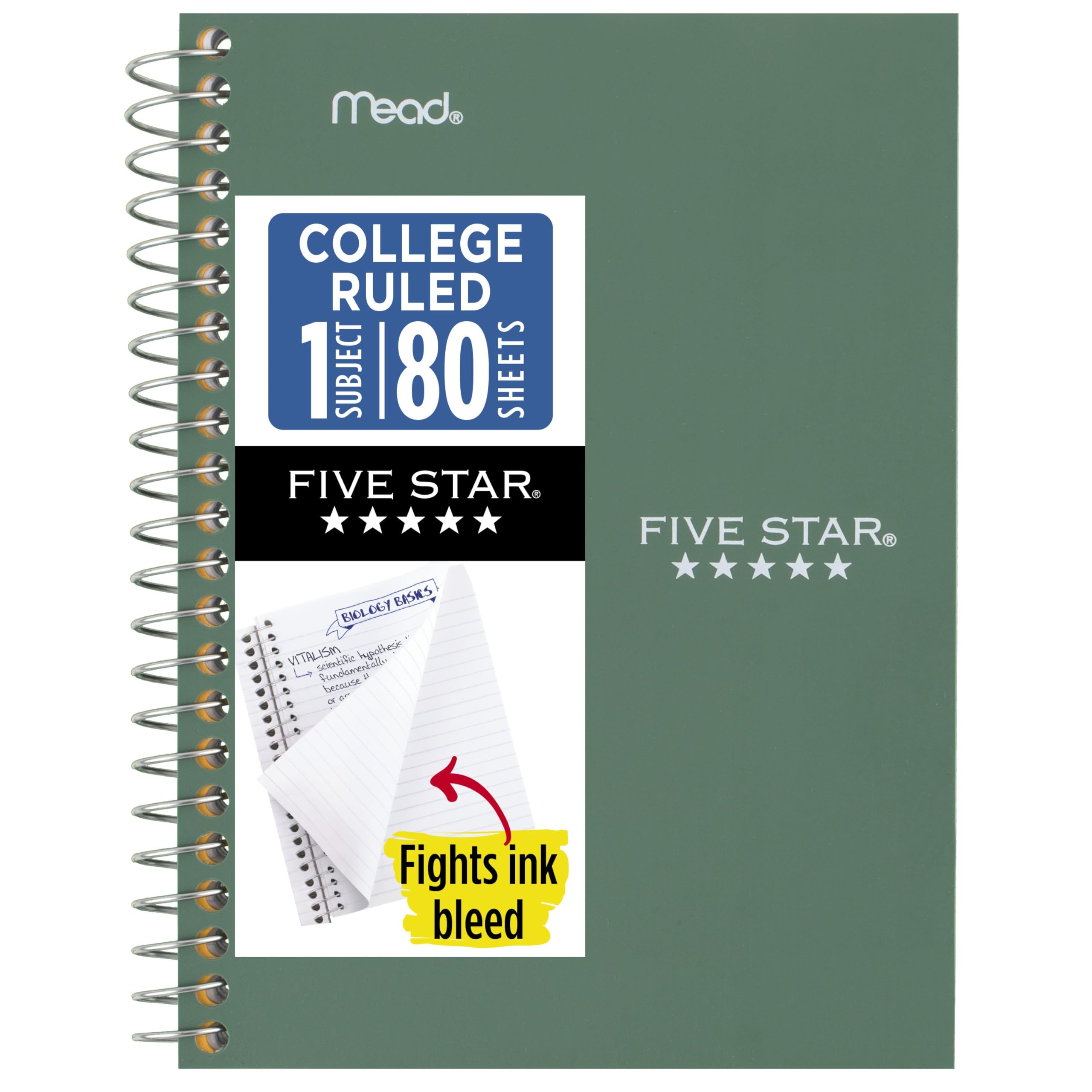 Five Star Spiral Notebook, 1 Subject, College Ruled Paper, 4-3/8" x 7", Personal Size, 80 Sheets, Fights Ink Bleed, Water Resistant Cover, Seaglass Green (450048CH1-ECM) - Image 1