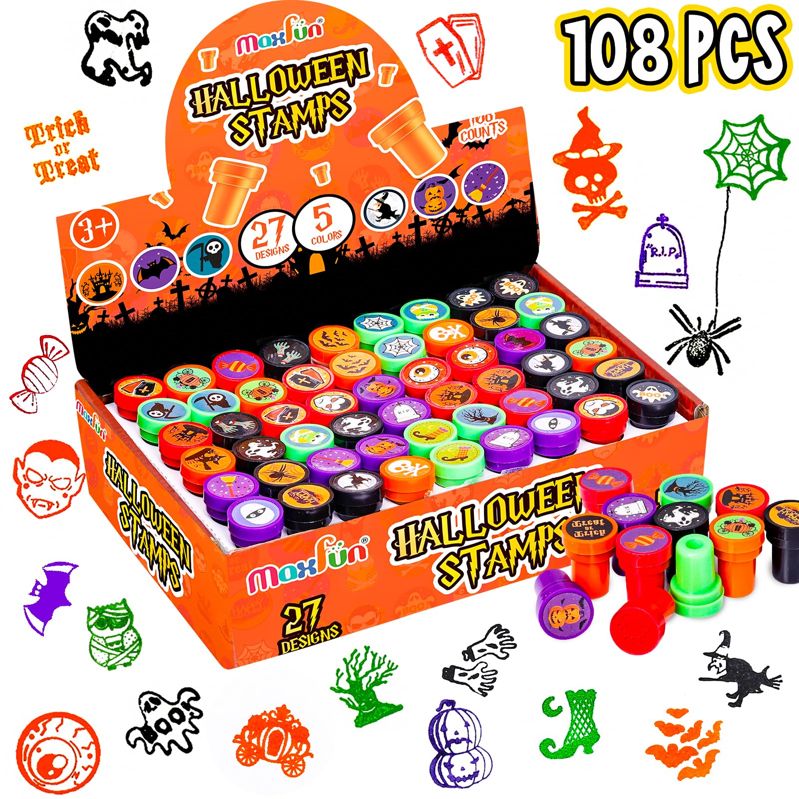 Max Fun 108Pcs Halloween Assorted Stamps for Kids Party Favors Supplies