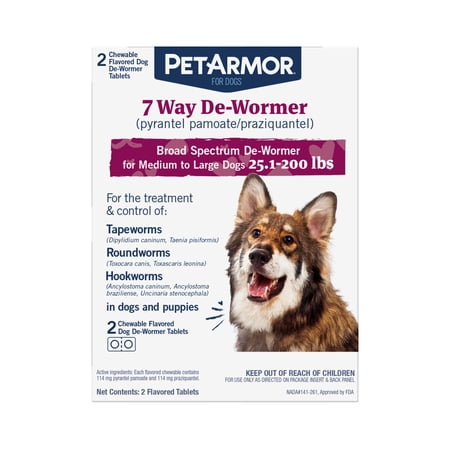 PETARMOR 7 Way De-Wormer (pyrantel pamoate and praziquantel) for Medium and Large Dogs, 25.1-200 lbs, Chewable, 2 Chewable Tablets