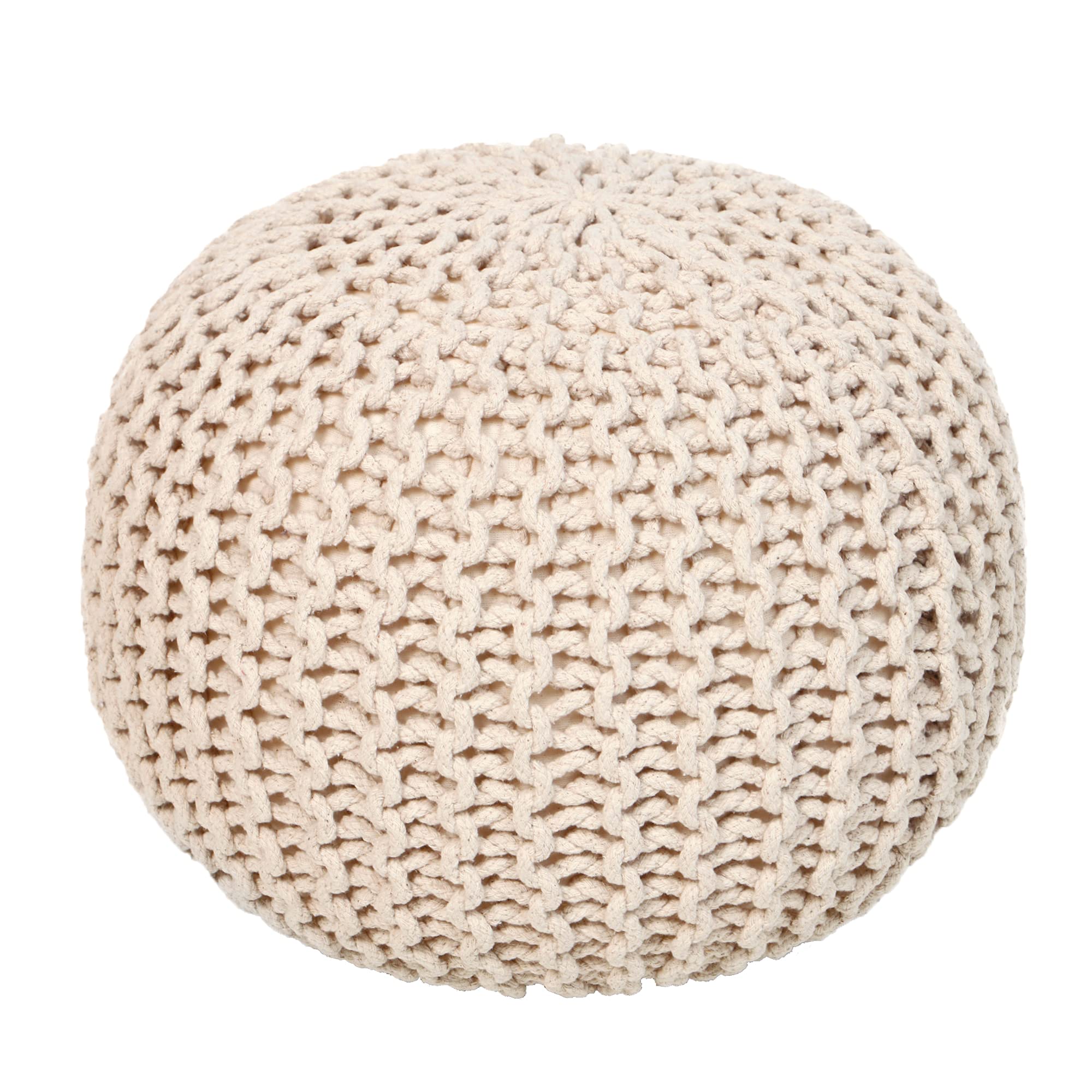 · REDEARTH · Round Pouf Ottoman - Cable Knitted Boho Poof - Home Décor Cord Pouffe Handmade Circular Footrest for Living Room - Bedroom - Kids Bedroom - 100% Cotton Pouf (18" x 18" x 14") - Ivory