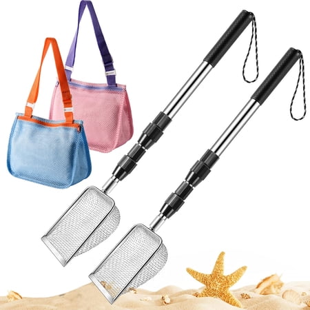 2 Pack Beach Toys, Handle Sand Sifter for The Beach, Stainless Steel Shark Tooth Sifter with 2 Seashell Bags, Sand Scoop Shell Scooper for Beach Picking Up Shells Beachcombing & Rock Hunting