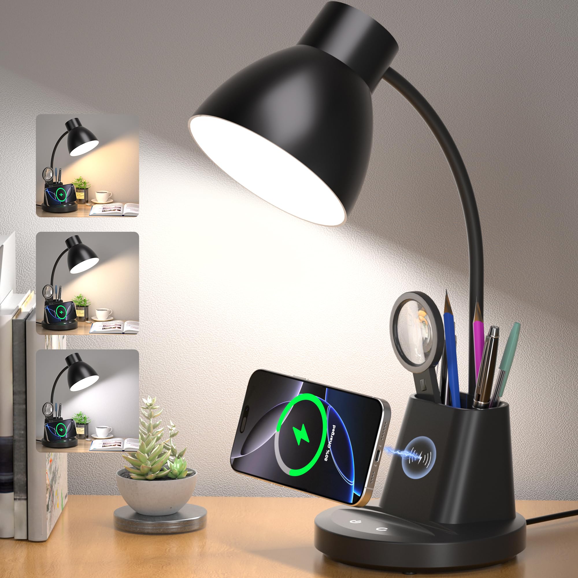Sailstar Desk Lamp for Home Office, 10W Wireless Charging, Eye-Caring LED Desk Light, CRI 95+ 3 Color Modes Stepless Dimming Pen Holder, 360° Flexible Arm Desk Lamps for College Dorm, Adapter Included - Image 1