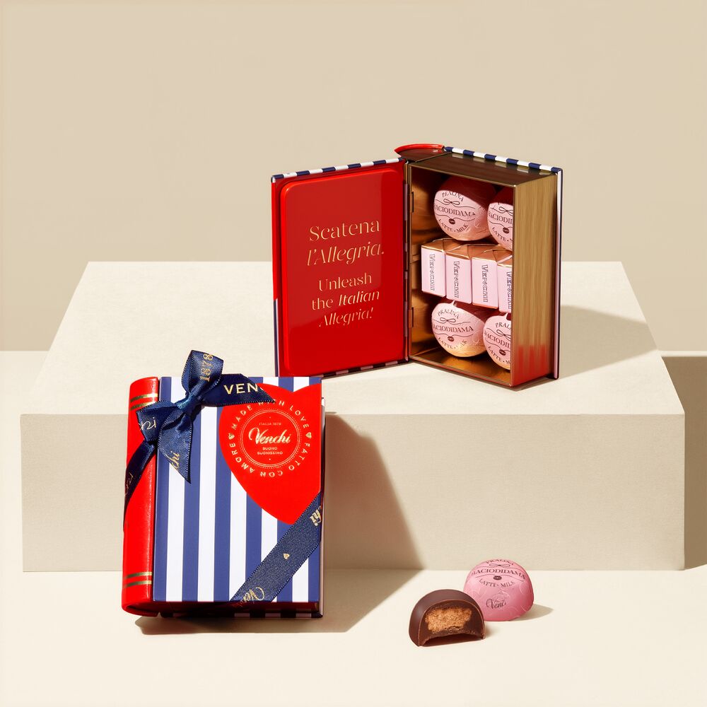 Book tin with milk BacioDiDama and Cremino Caramel Gold. The perfect elegant Valentine's Day gift. Buy online now!
