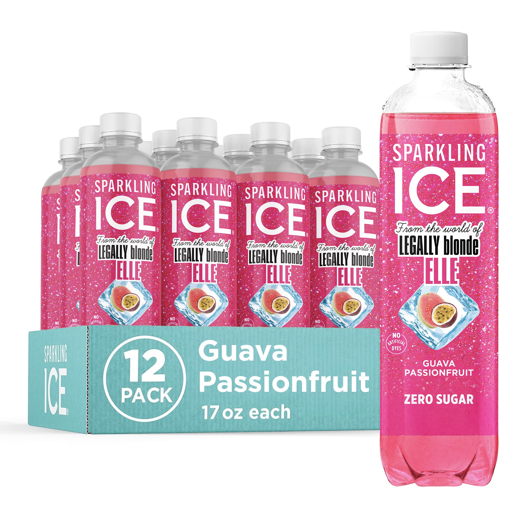 Sparkling Ice, Elle Woods-Inspired Guava Passionfruit Sparkling Water, Zero Sugar Flavored Water, with Vitamins and Antioxidants, Low Calorie Beverage, 17 fl oz Bottles (Pack of 12)