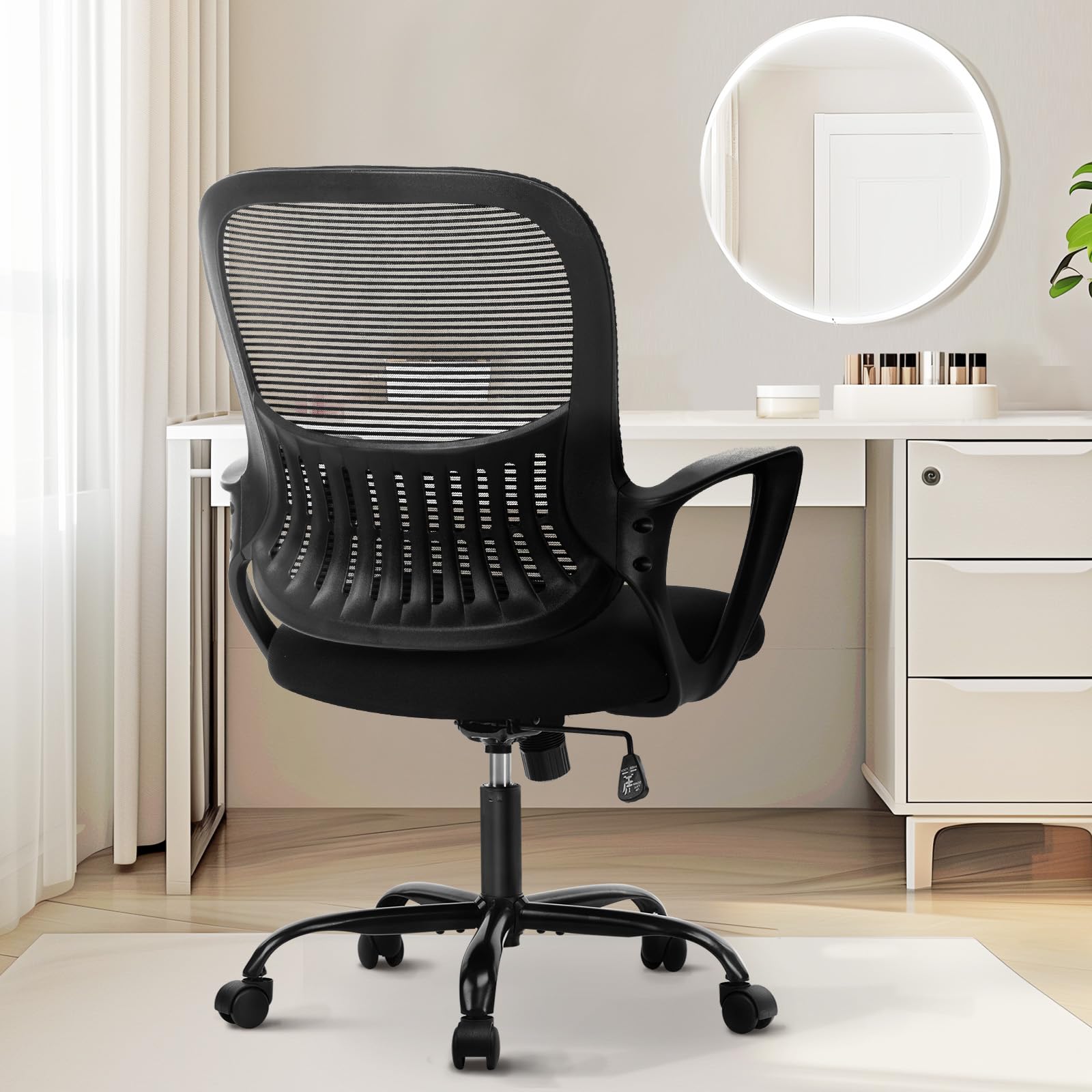 Sweetcrispy Home Office Managerial Executive Chair with Ergonomic Design, Mid-Back Mesh 360° Swivel, Comfortable Lumbar Support, Comfy Arms for Bedroom,Study,Student, Black