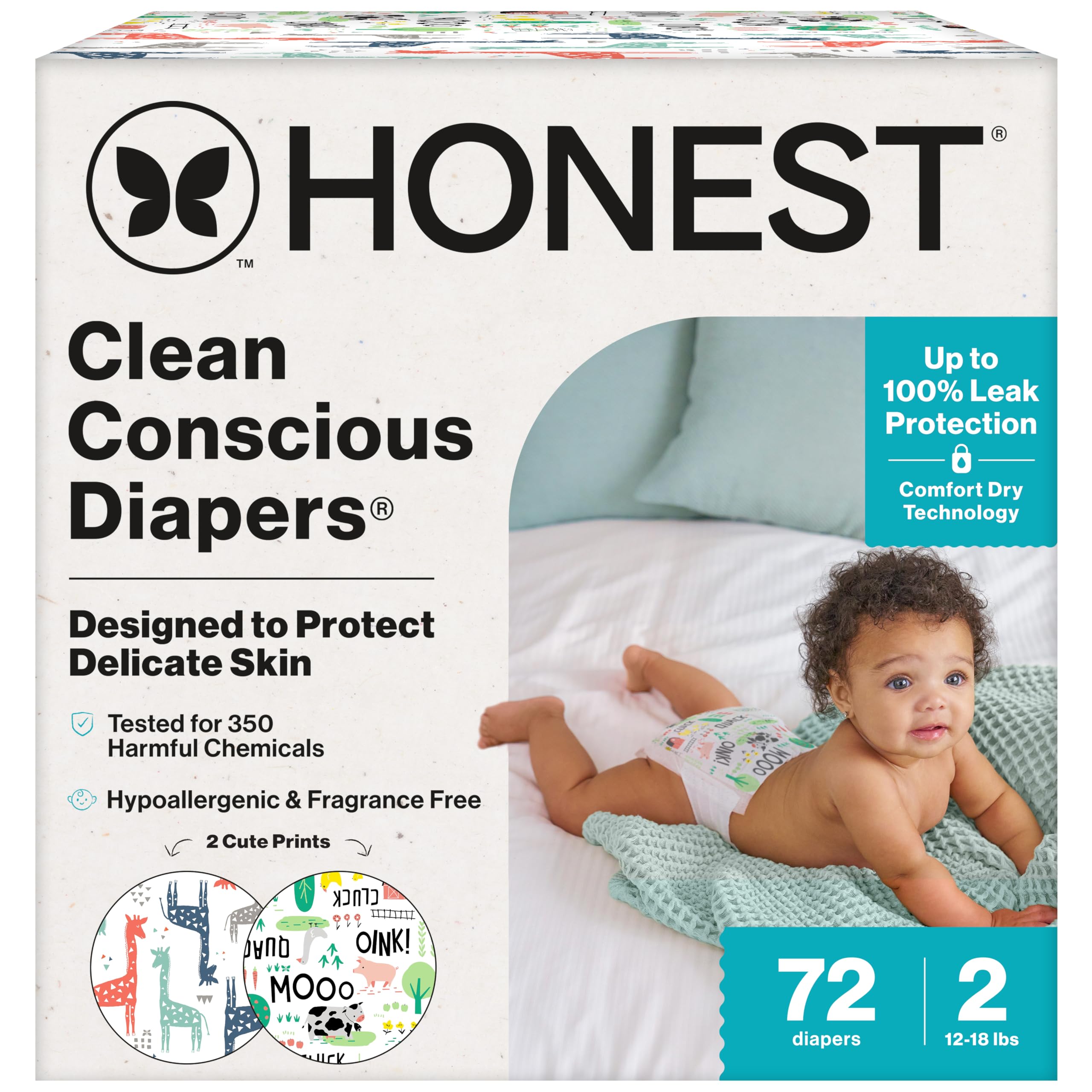 The Honest Company Daytime Diapers, Multi-Colored Giraffes, Size 2, 72 Ct