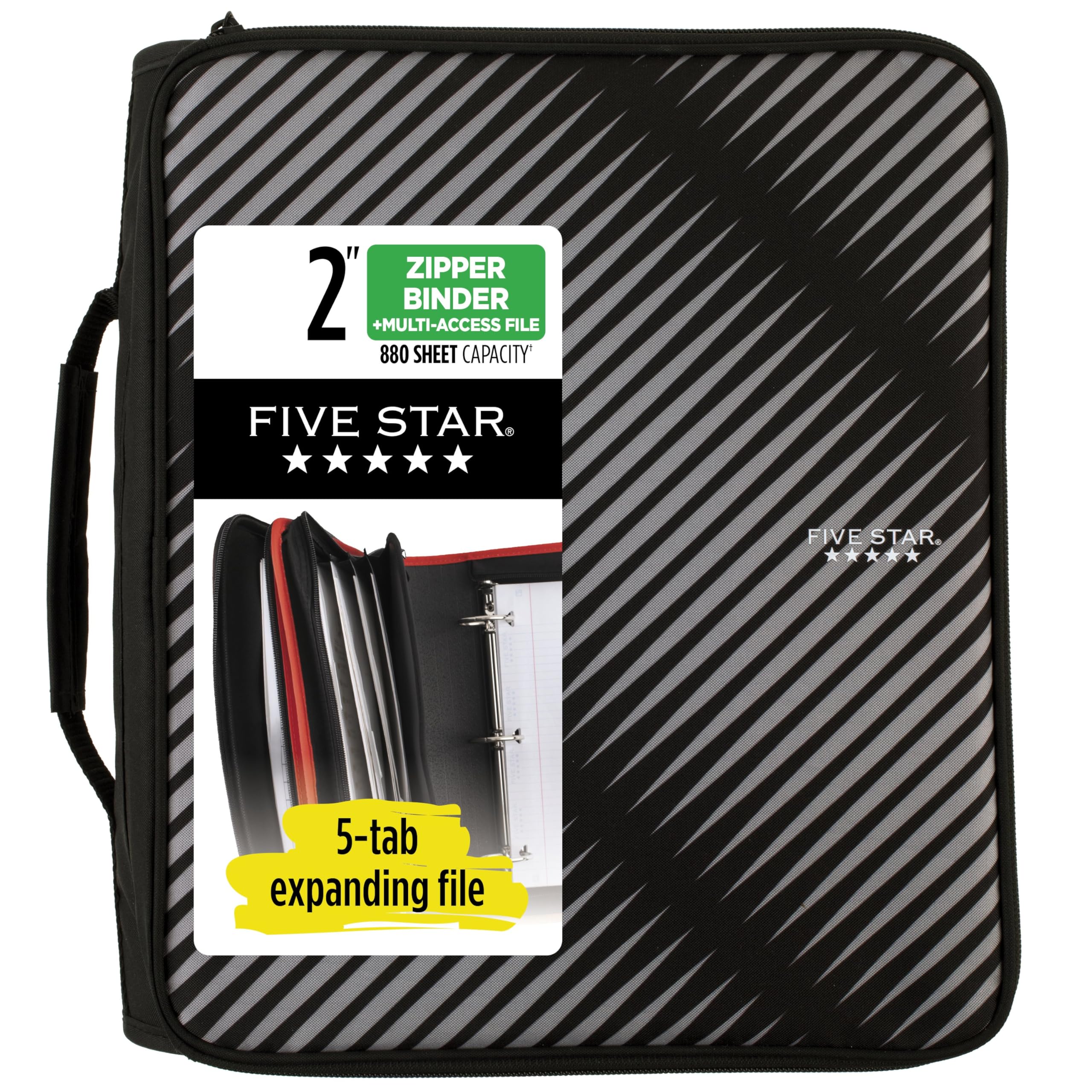 Five Star Zipper Binder, 2 Inch 3-Ring Binder with Round Rings, 5-Tab Expanding File, 380 Sheet Capacity, Black (72536) - Image 1