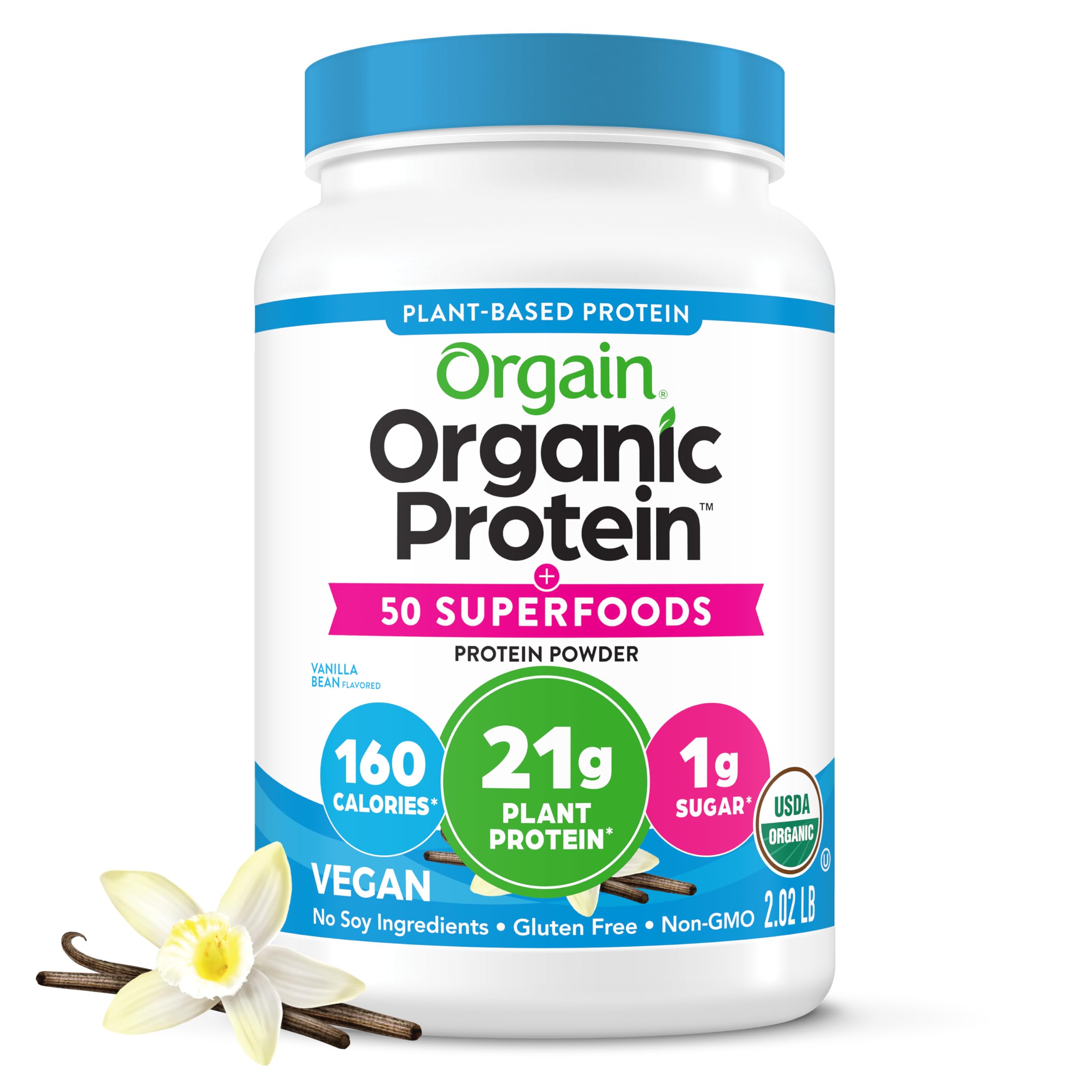 Orgain Organic Vegan Protein + 50 Superfoods Powder, Vanilla Bean - 21g Plant Based Protein, 8g Prebiotic Fiber, No Lactose Ingredients, Gluten Free, No Added Sugar, Non-GMO, 2.02 lb - Image 1
