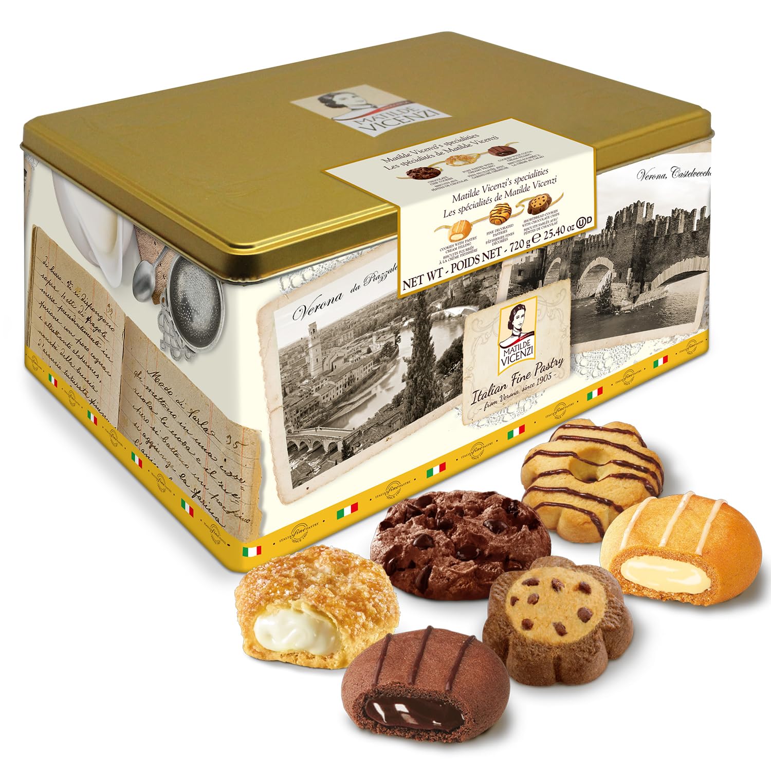Matilde Vicenzi Verona Cookie Tin - Gourmet Italian Cookies Assortment in Individually Wrapped Trays - Pastries & Bakery Dessert Gifts - Assorted Cookies in Italian Design Gift Tin 25.4oz (720g)