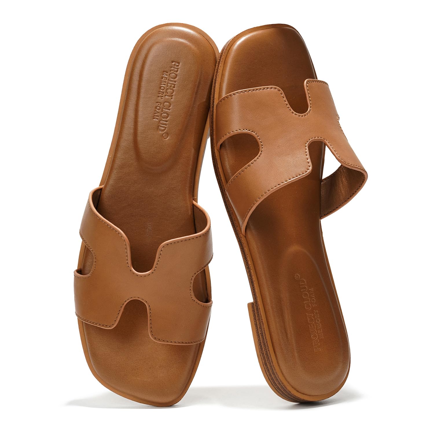 Project Cloud 100% Genuine Leather Sandals for Women 2026 - Fashion Flat Womens Sandals with Memory Foam Insole Slides Sandals Women Footwear - Mules Women's Sandals (Jannel,Cogn, 8)