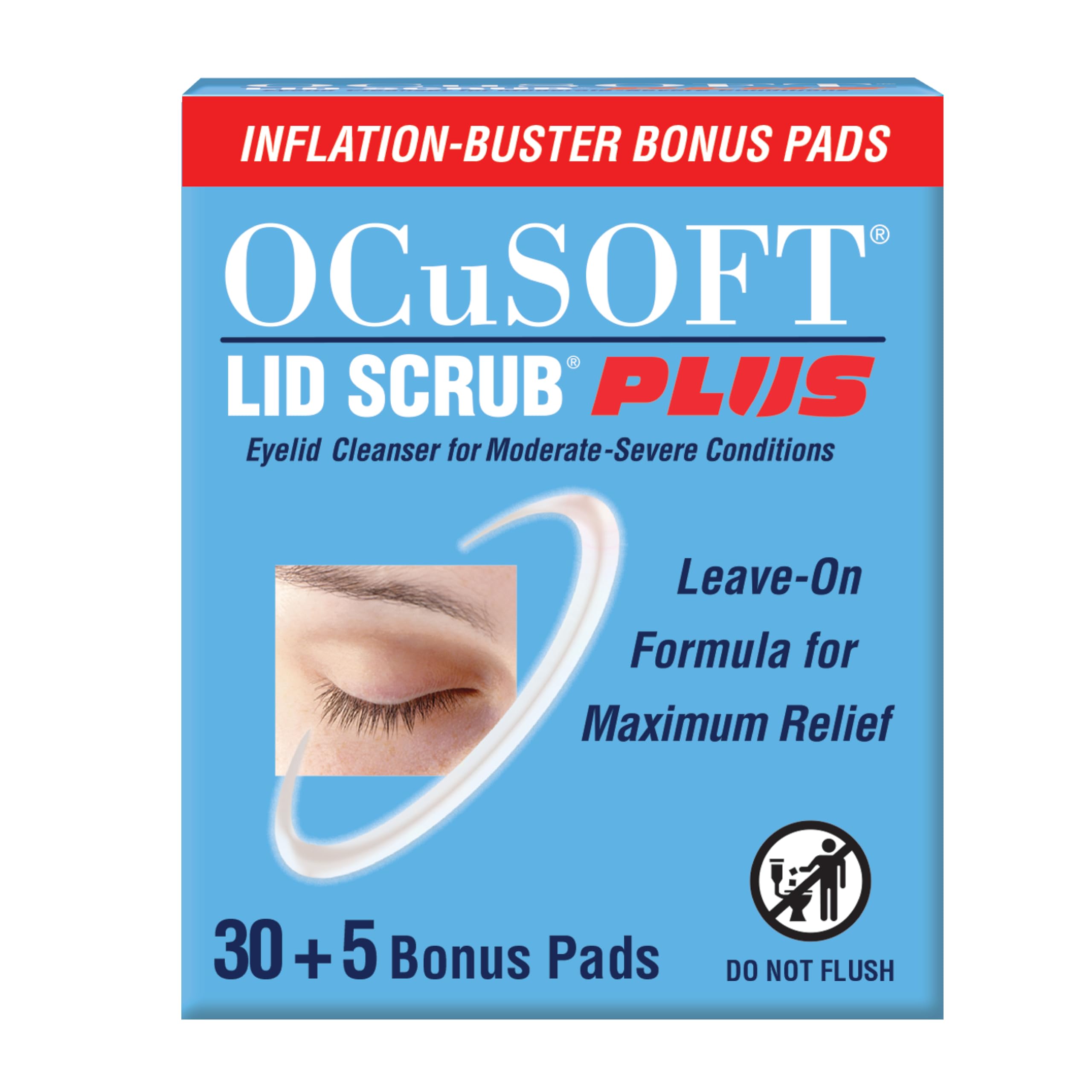 OCuSOFT Lid Scrub Plus Inflation Buster – 5 Bonus Pads Included - Advanced Eyelid Cleanser for Intensive Lid & Lash Care - 35 ct Pre-Moistened Pads