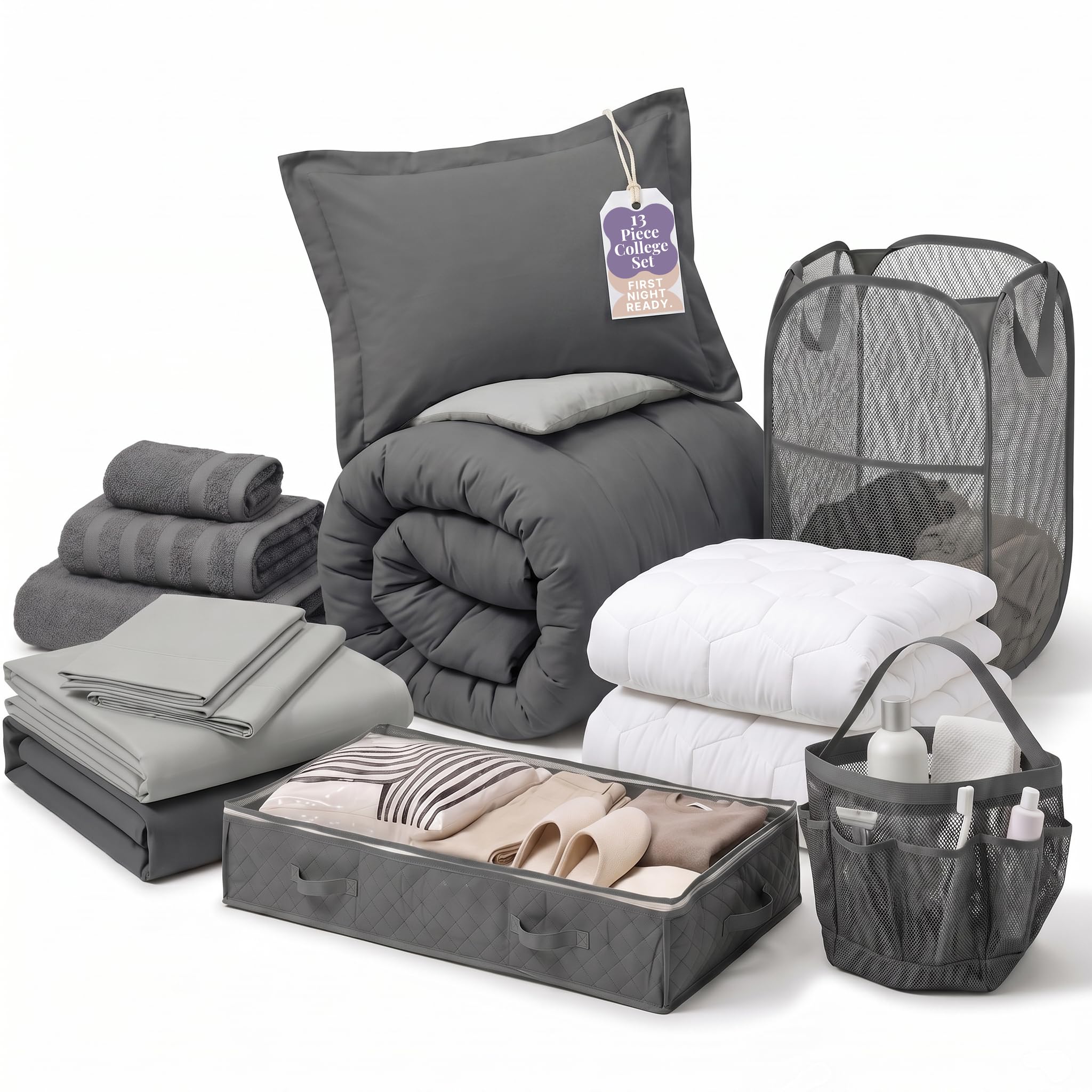 Hearth & Harbor 13 Piece Complete Dorm Room Set, Twin XL Comforter Set, Sheet Set, Mattress Protector, Towels and Organizers - All Dorm Accessories Included
