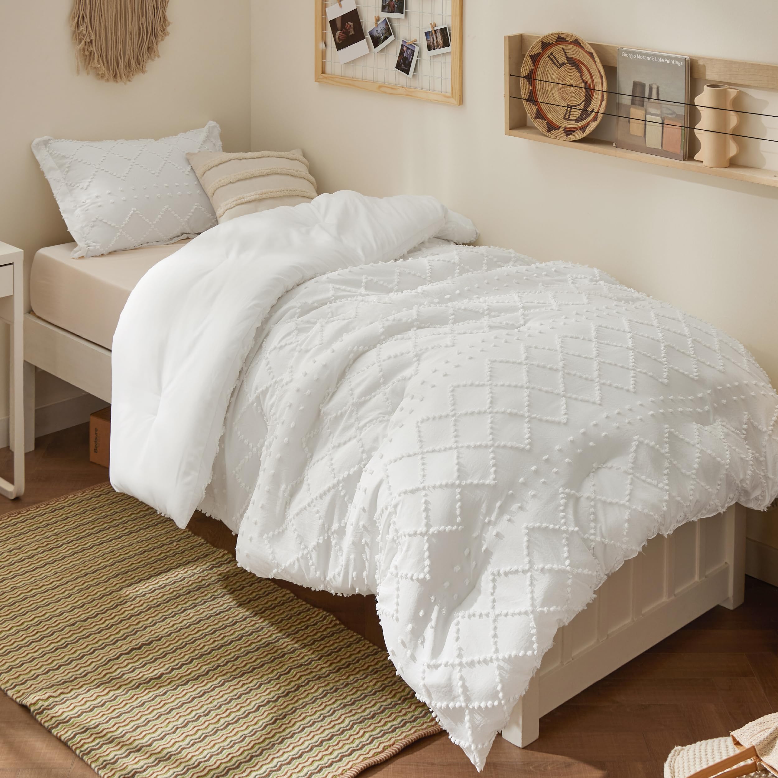 Bedsure Twin XL Comforter Set - White Comforter, Boho Tufted Distressed Vintage Bedding for Kids, 2 Pieces Farmhouse-Style Bed Set for All Seasons, Fluffy Soft Bedding with 1 Pillow Sham - Image 1