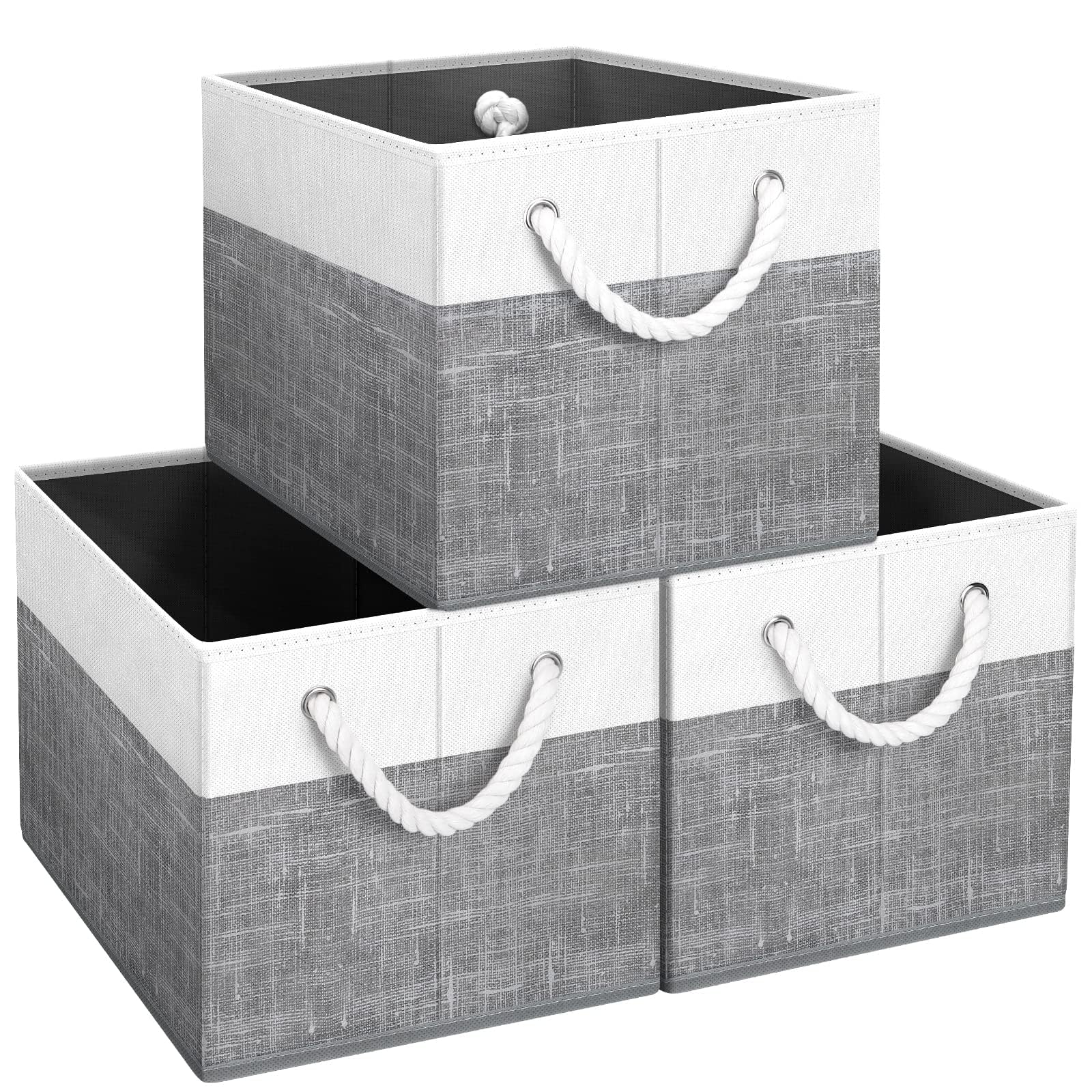 Fab totes Storage Bins 3-Pack, Foldable Storage Baskets for Organizing Toys, Books, Shelves, Closet, Large Storage Box with Rope Handles, Sturdy Organizer Bins, White & Grey - Image 1