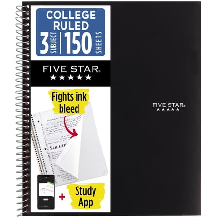 Five Star Spiral Notebook + Study App, 3 Subject, College Ruled, 8.5" x 11", Black