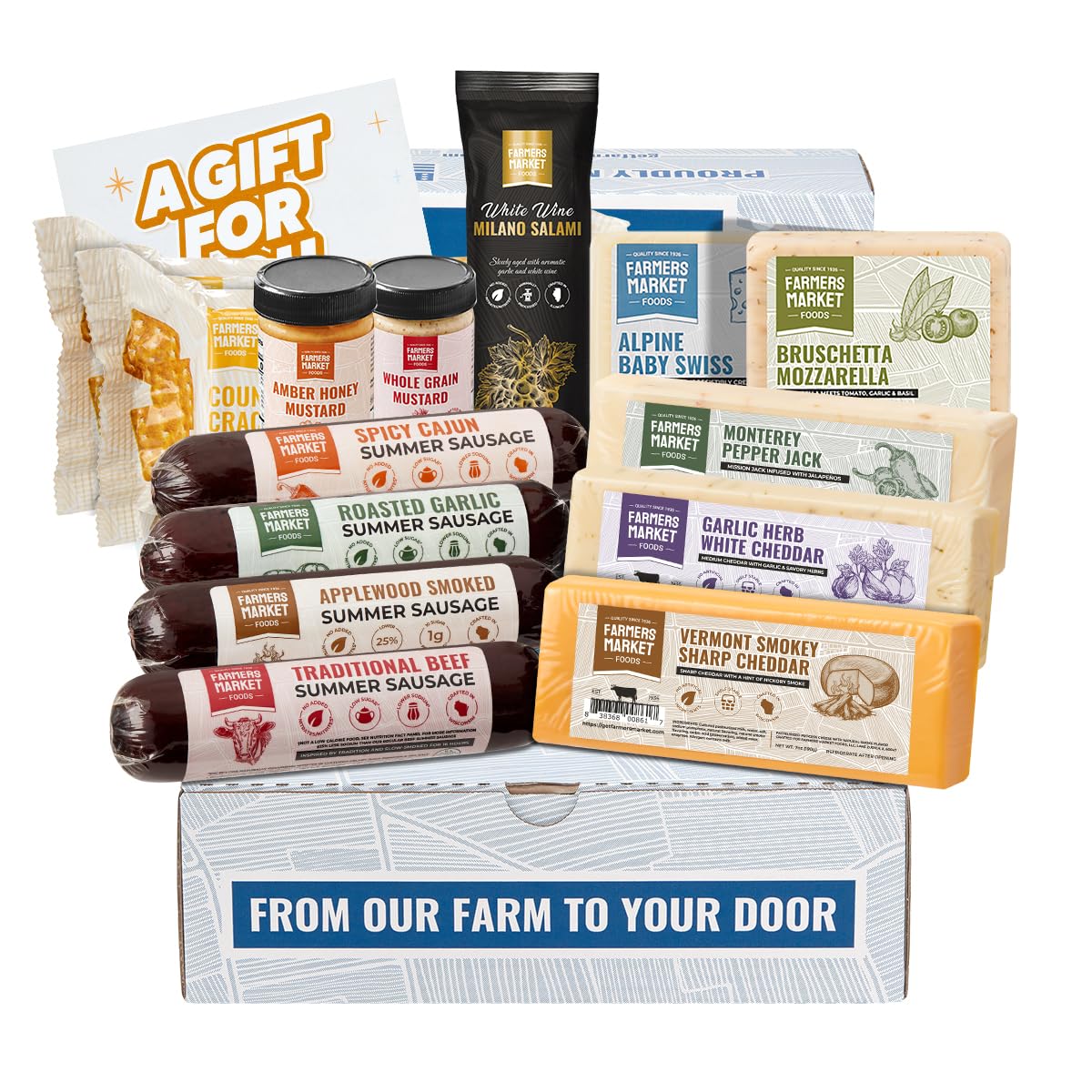 Farmers Market Meat & Cheese Gift Basket, Gourmet Charcuterie Food Gift Box with Summer Sausage, Wisconsin Cheese, Crackers, Honey and Mustard, Keto Friendly Snack Assortment for Holidays & Father’s Day
