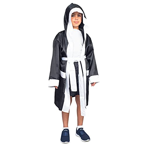 Boxing Robe and Shorts Halloween Costume in Satin for Halloween, Cute Cosplay Boxer Cloak for Kids Black Blank (Not Custom)