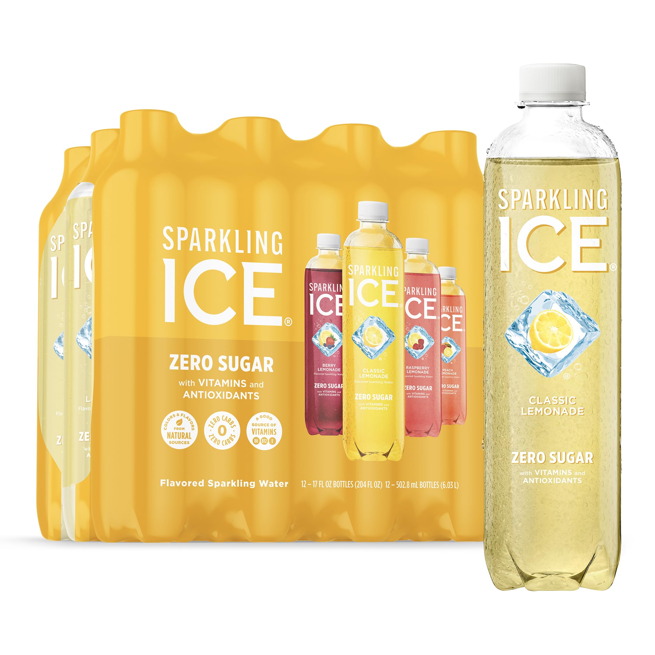 Sparkling Ice Lemonade Variety Pack, Zero Sugar Sparkling Water, with Vitamins and Antioxidants, 17 fl oz, 12 count (Lemonade Flavors: Classic, Raspberry, Peach & Berry)