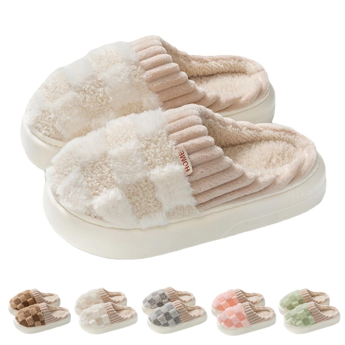 VTTDB Checkered Slipper House Slippers for Women Men Plush Warm Fuzzy Slippers Flyffy Bedroom Shoes Indoor Slip On (7-8 Women/6-7 Men,Beige,Numeric Range,Medium,7,8)